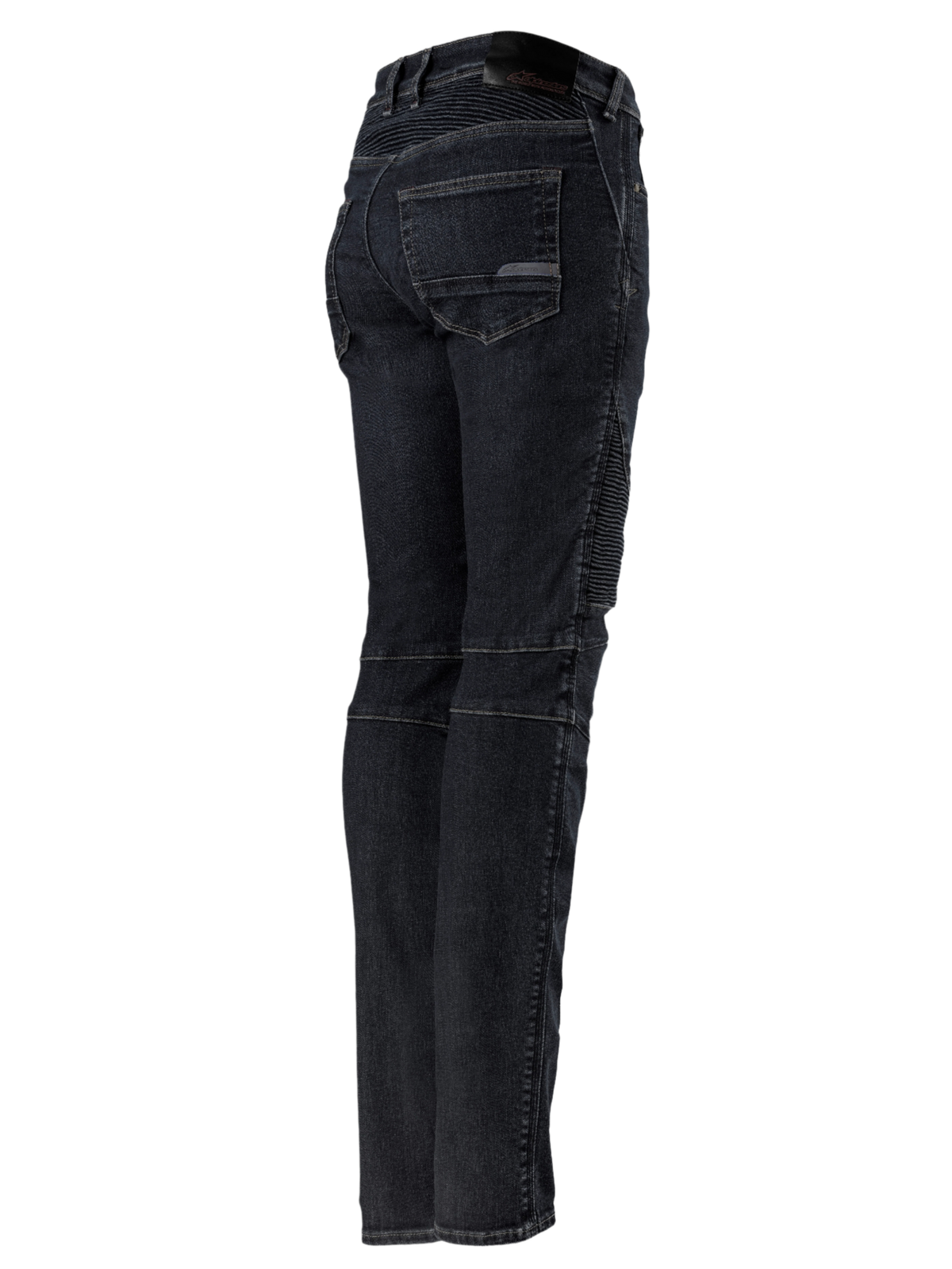 Alpinestars Stella Callie Denim, Women's Motorcycle Pants, Black Waxed, rear and side profile featuring accordion stretch panels on the waist and knees, slim fit with back pockets and logo patch