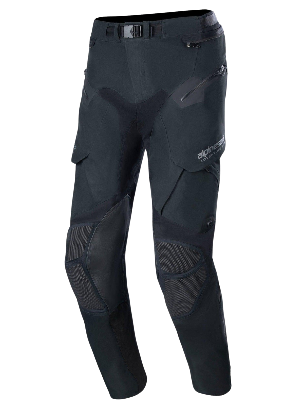 Alpinestars Boulder 3L GORE-TEX Pants - Short Length, Black Adventure Motorcycle Pants, featuring reinforced knee and thigh panels, multiple zippered pockets, magnetic belt buckle waist, and durable textured fabric for waterproof protection