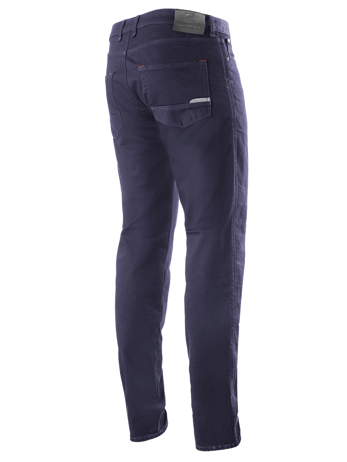 Alpinestars Copper V2 Denim Pants Short Length, Rinse Blue, rear three-quarter view showing back pockets and leather waistband patch, urban motorcycle riding jeans with a classic denim look