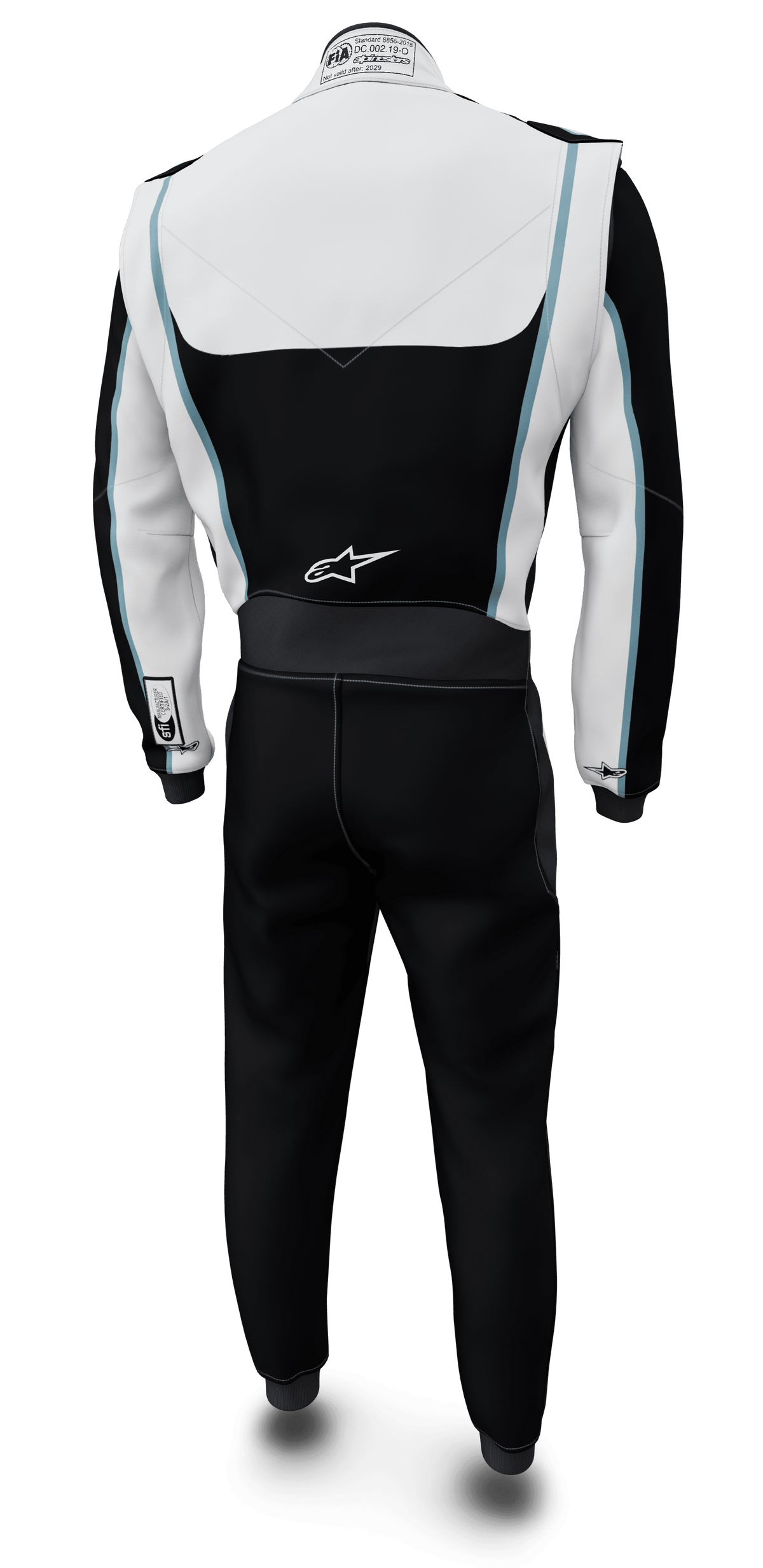 Alpinestars Tech Vision V3, traje de carreras a medida, negro y blanco, Nomex, certificado FIA y SFI, vista trasera