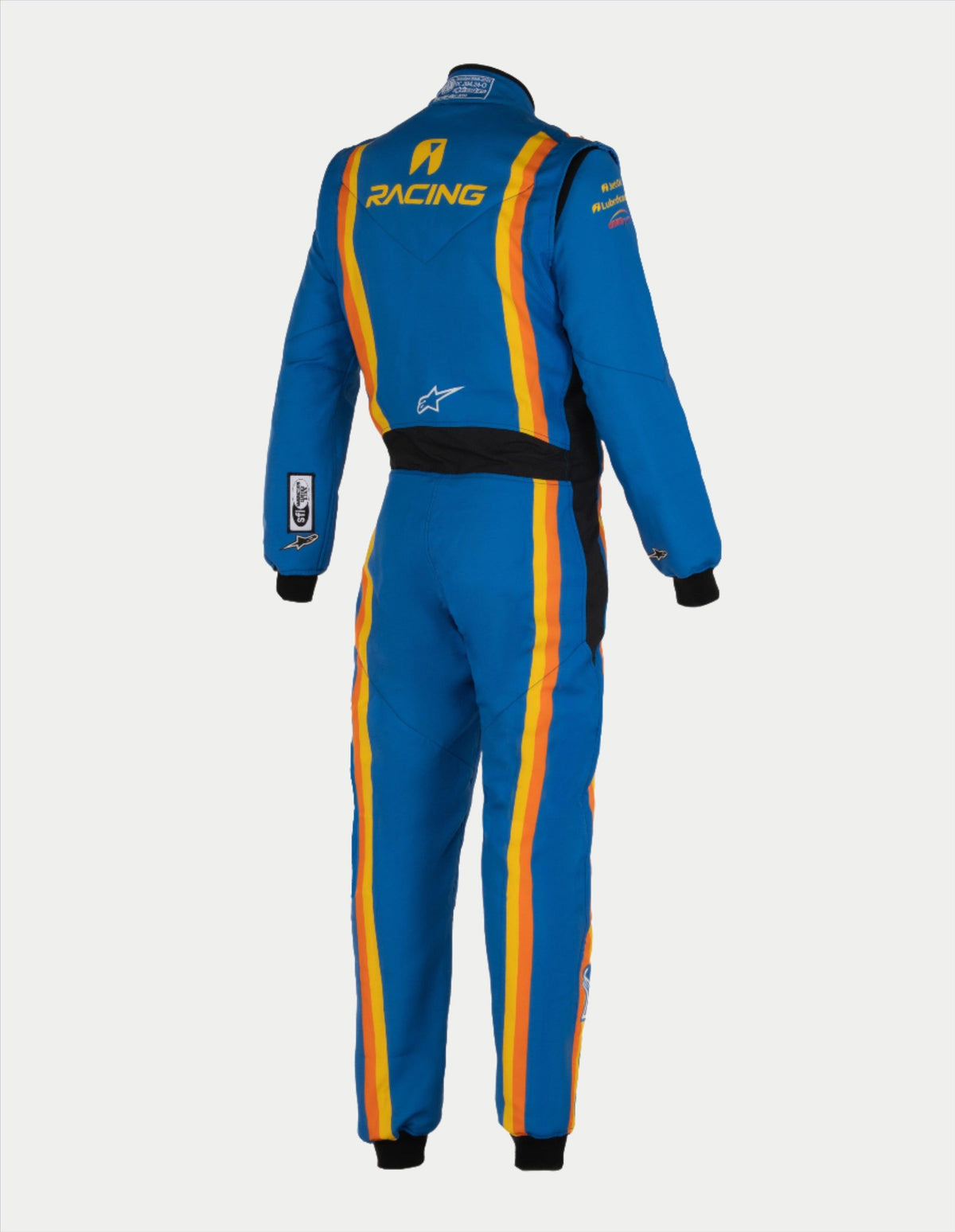 Alpinestars Tech Vision V3, traje de automovilismo a medida, azul y naranja, Nomex con certificación FIA, vista posterior.