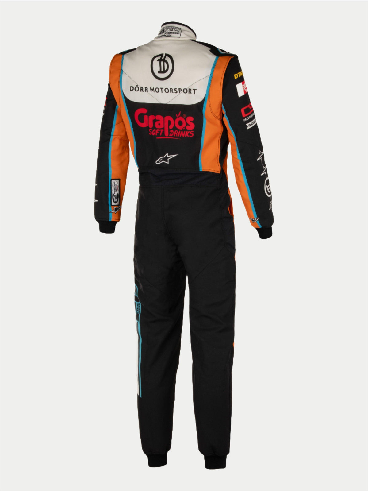 Alpinestars Tech Vision V3, traje a medida para automovilismo, negro y naranja, Nomex, certificación FIA, vista trasera.