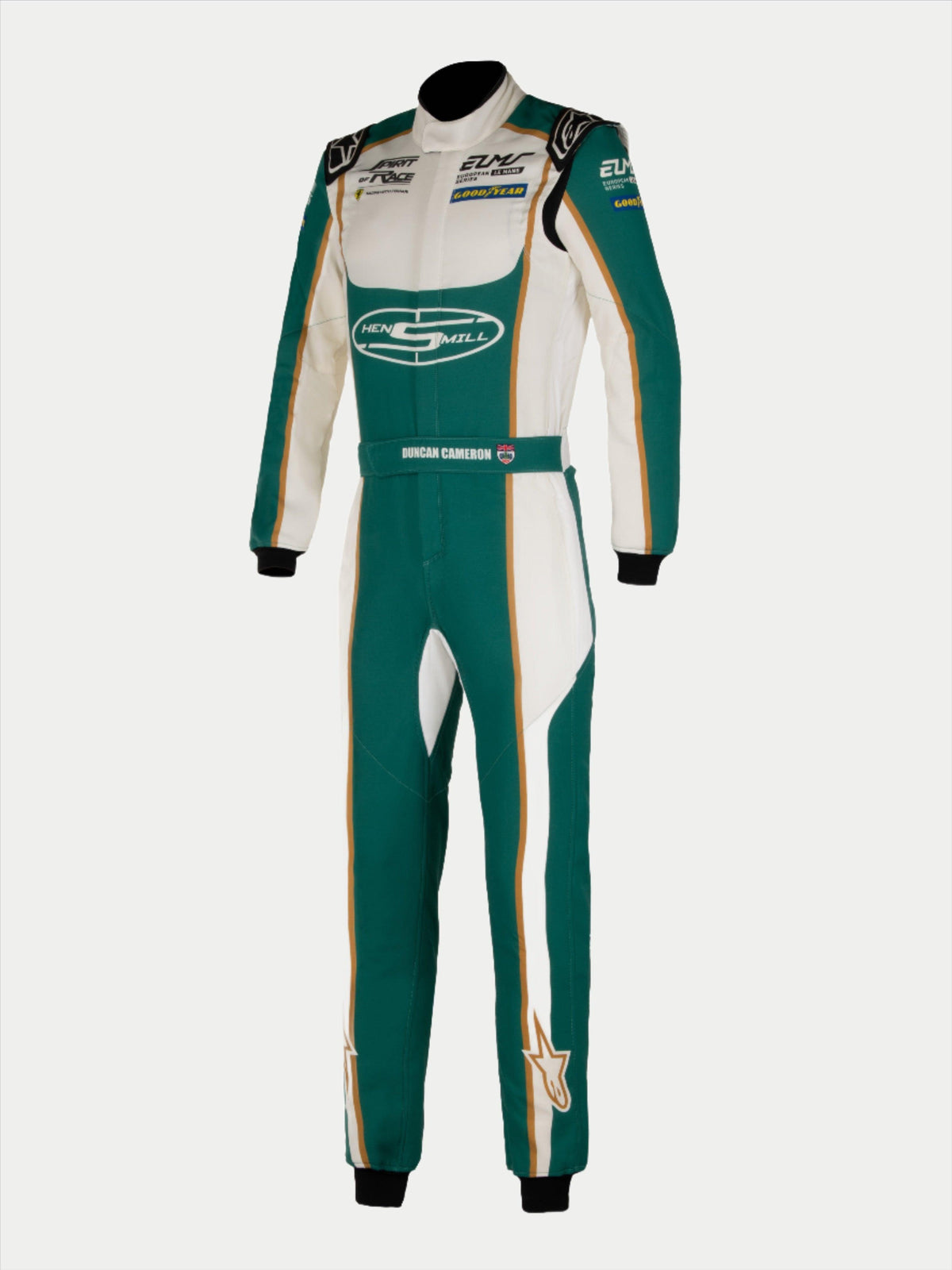Alpinestars Tech Vision V3, traje de carreras a medida, verde y blanco con detalles dorados, Nomex certificado por la FIA.