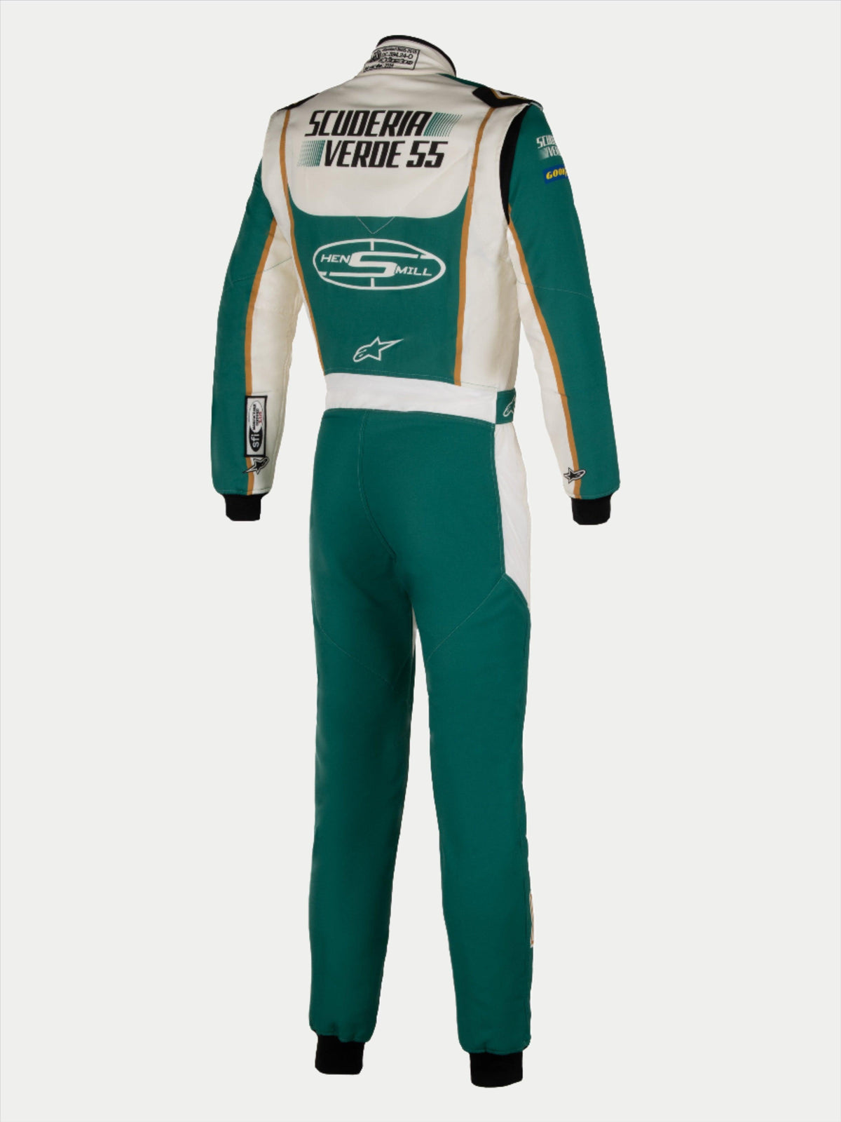 Alpinestars Tech Vision V3, traje personalizado a medida para carreras de auto, vista posterior, verde y blanco con detalles dorados, certificado FIA y SFI.