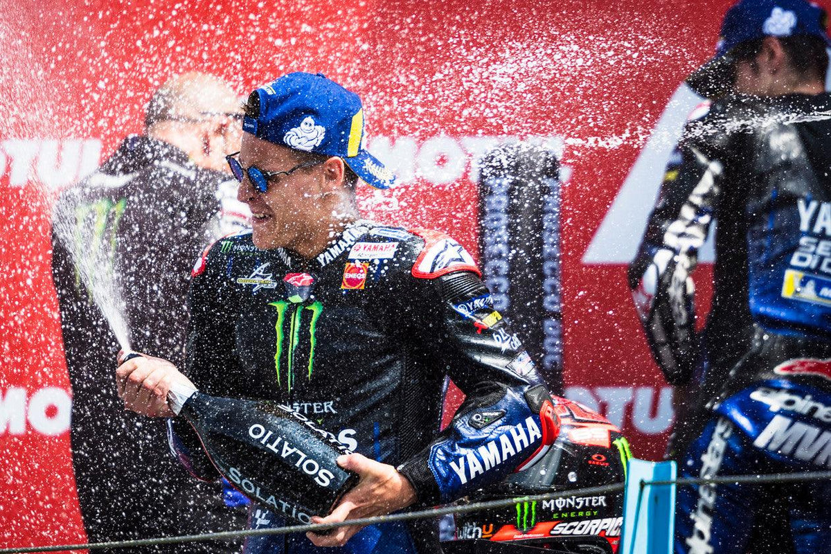 ALPINESTARS 1,2 AS FABIO QUARTARARO  DOMINATES MOTOGP RACE AT ASSEN, HOLLAND; MAVERICK VINALES SECOND