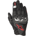 Guantes Alpinestars SMX-1 Air V2, guantes de moto para carretera, negro y rojo flúor, con protector de nudillos rígido estilo fibra de carbono, logotipo de estrella roja de Alpinestars, franjas reflectantes plateadas y cuero perforado con paneles de malla transpirable