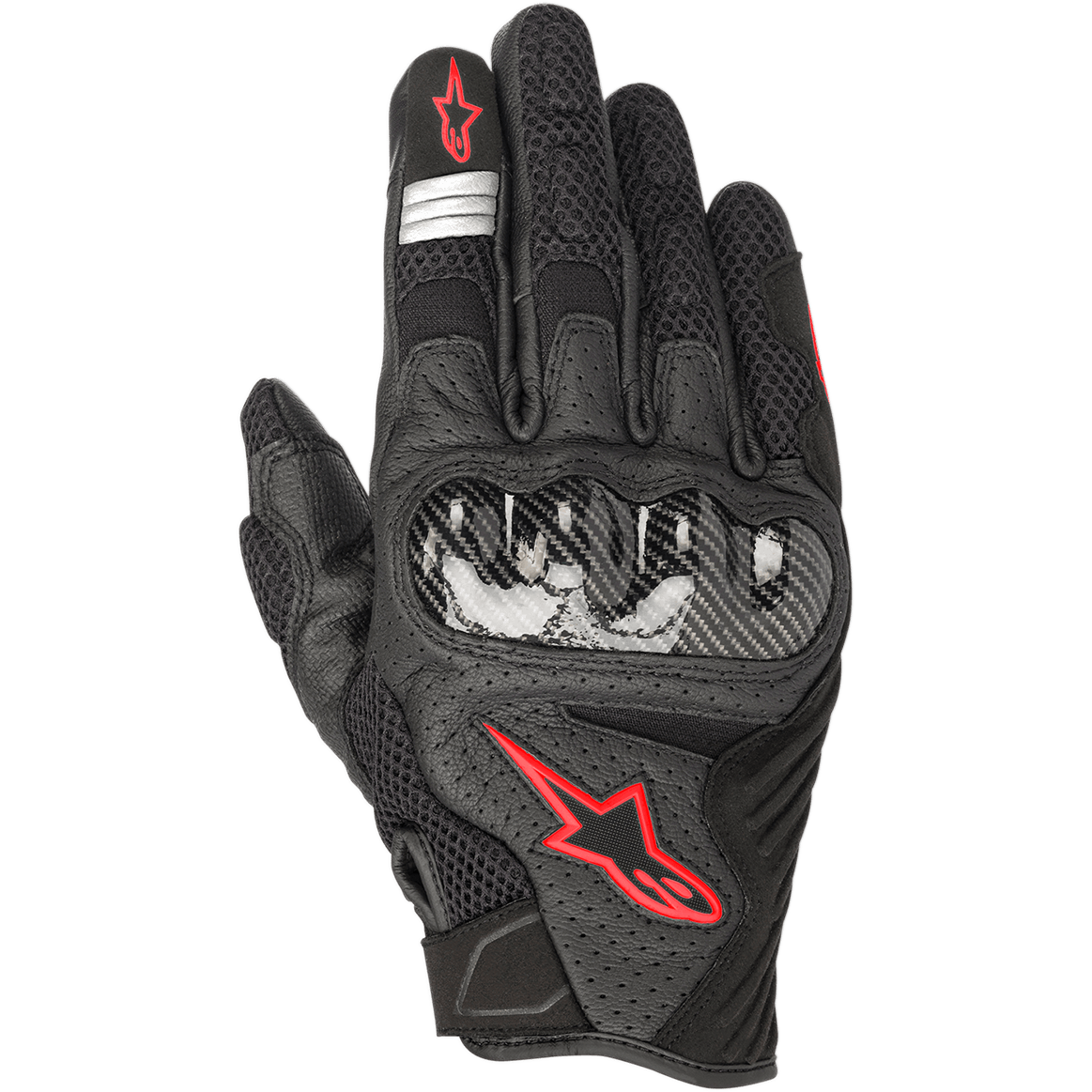 Guantes Alpinestars SMX-1 Air V2, guantes de moto para carretera, negro y rojo flúor, con protector de nudillos rígido estilo fibra de carbono, logotipo de estrella roja de Alpinestars, franjas reflectantes plateadas y cuero perforado con paneles de malla transpirable