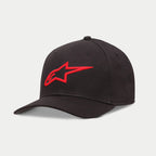 Gorra Alpinestars Ageless Curve, gorra de béisbol negra y roja, con logotipo rojo bordado en 3D en la parte frontal, tejido de sarga con visera curva, accesorio casual inspirado en el automovilismo
