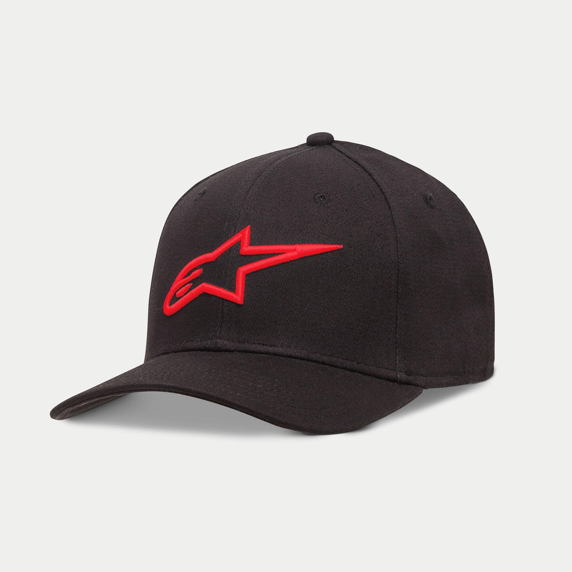 Gorra Alpinestars Ageless Curve, gorra de béisbol negra y roja, con logotipo rojo bordado en 3D en la parte frontal, tejido de sarga con visera curva, accesorio casual inspirado en el automovilismo