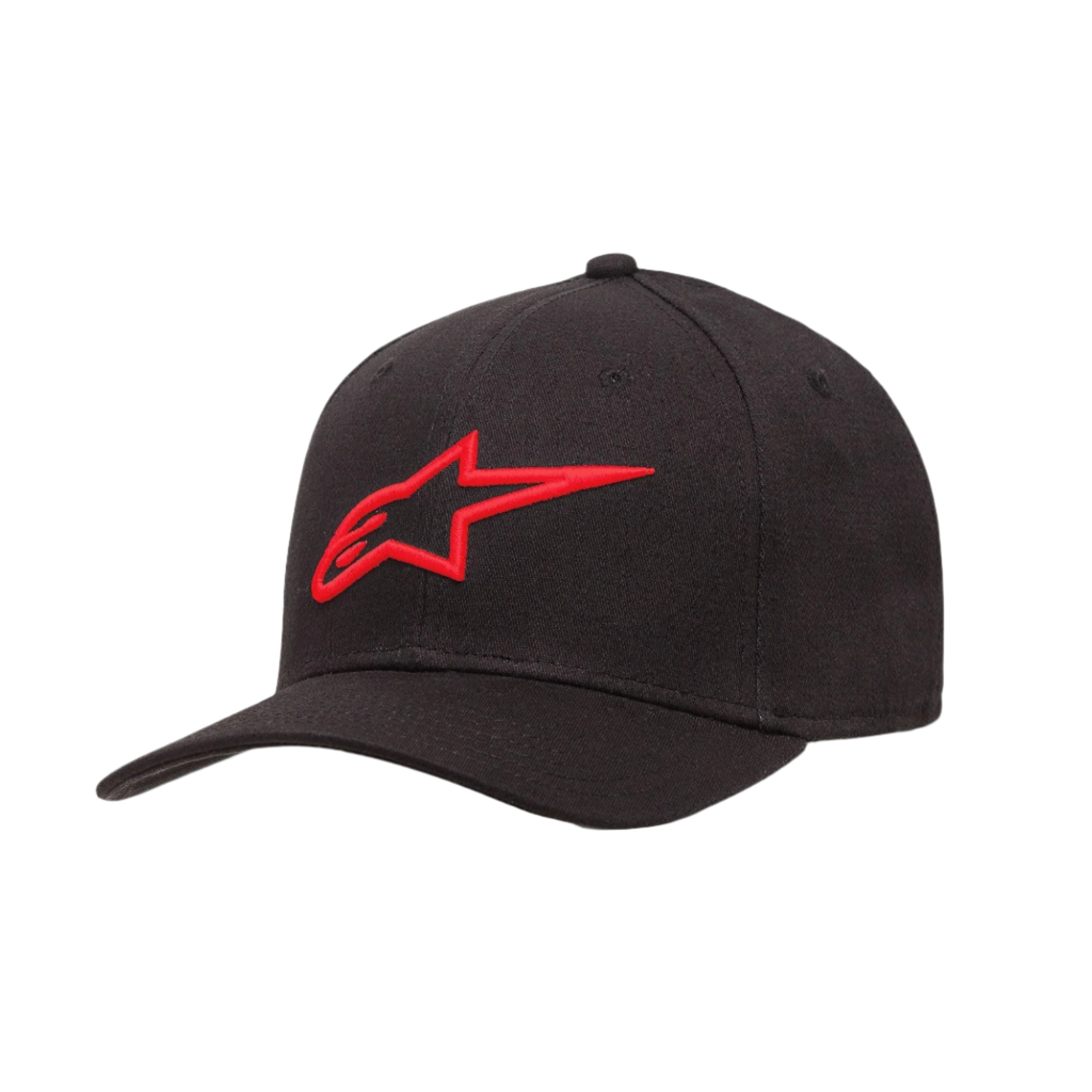 Gorra Alpinestars Ageless Curve, gorra de béisbol negra con logotipo bordado en 3D en color rojo, visera curva, tejido de sarga, accesorio de ropa deportiva casual