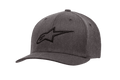 Alpinestars Ageless Curve Hat, gorra de béisbol gris carbón jaspeado con logotipo bordado en 3D en color negro, visera curva, tejido de sarga estructurado con ojales de ventilación, accesorio casual de motorsport