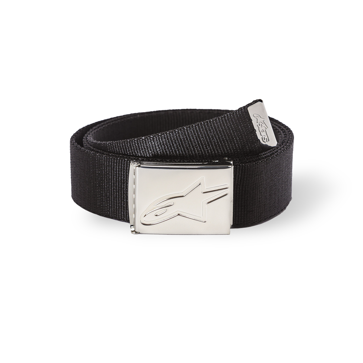 Alpinestars Ageless Web Belt, cinturón de tela negro con hebilla de metal cromado plateado, logo de estrella grabado, tejido texturizado, extremo con punta metálica con marca, accesorio deportivo casual