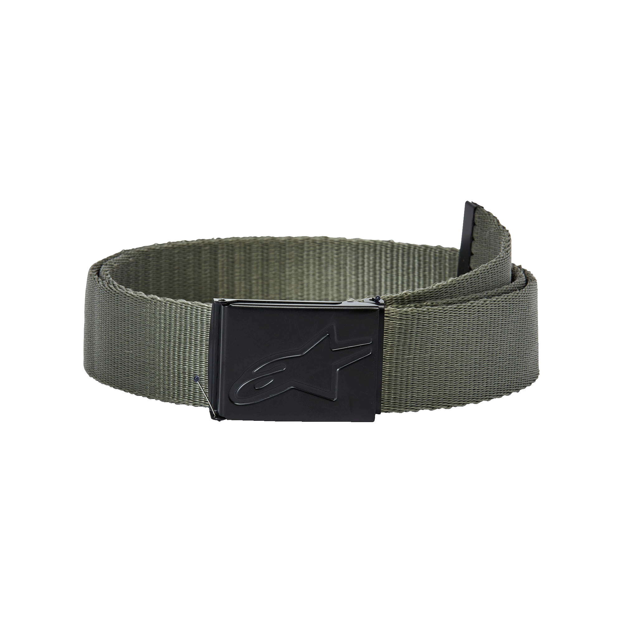 Alpinestars Ageless Web Belt, verde militar y negro, con correa de polipropileno tejido y hebilla metálica negra con logo de estrella grabado, accesorio de ropa deportiva casual