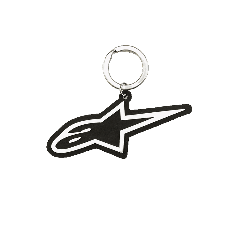 Alpinestars Ageless Key Fob, llavero de goma 3D, diseño con logotipo Blaze en blanco y negro, anilla metálica plateada, accesorio inspirado en el motorsport