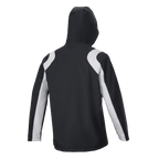 Chaqueta de lluvia Alpinestars A-Dura, negra y blanca, vista posterior de chaqueta de lluvia con capucha para bicicleta de montaña con paneles de contraste en gris claro en los hombros y las mangas.