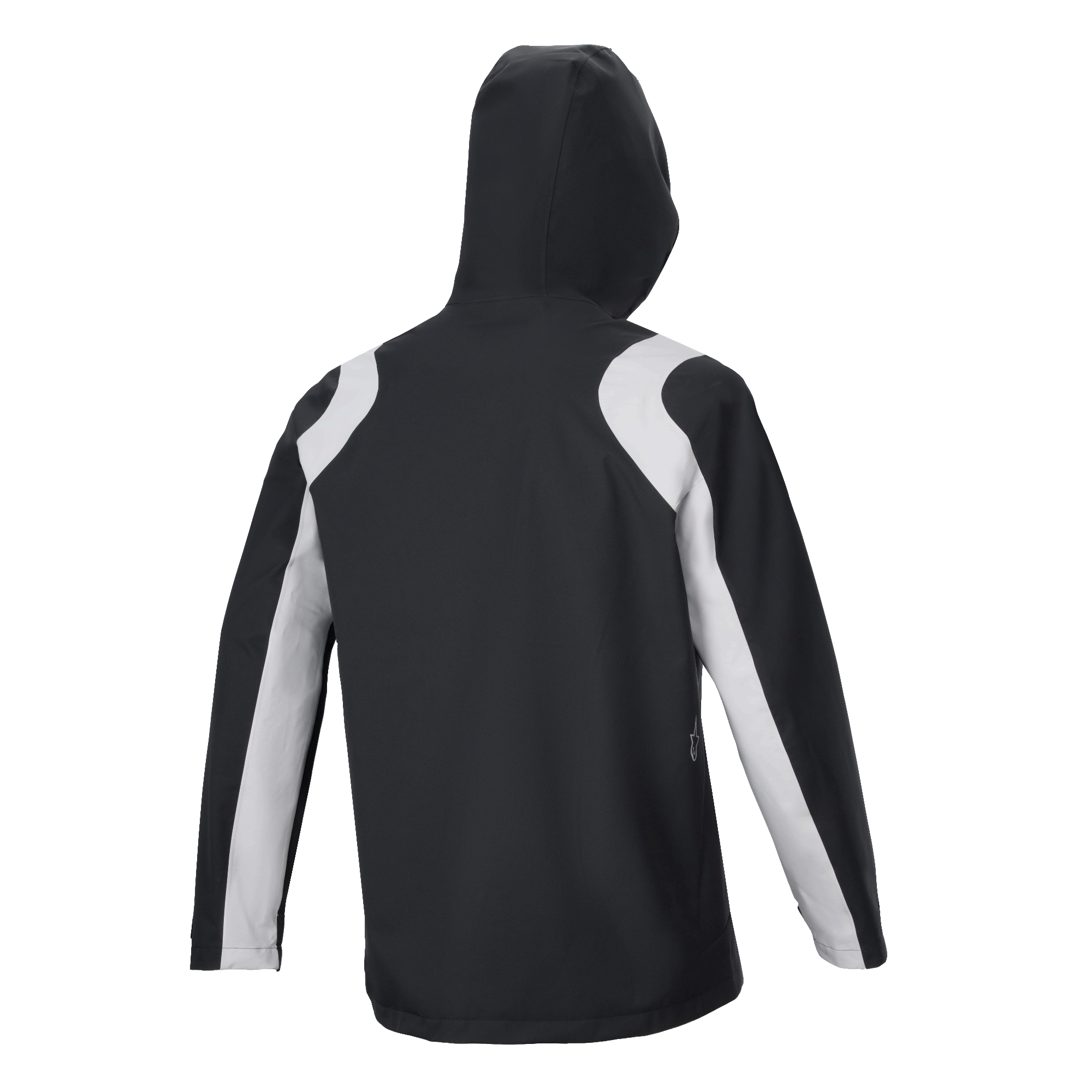 Chaqueta de lluvia Alpinestars A-Dura, negra y blanca, vista posterior de chaqueta de lluvia con capucha para bicicleta de montaña con paneles de contraste en gris claro en los hombros y las mangas.
