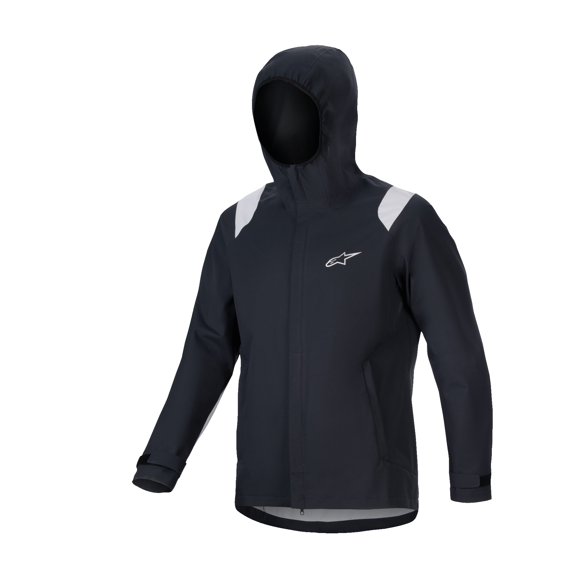 Alpinestars A-Dura Rain Jacket, chaqueta de lluvia para MTB, negra con paneles grises en los hombros, logotipo Astars blanco en el pecho, diseño impermeable con capucha y membrana de 2.5 capas, equipamiento técnico funcional para ciclismo de montaña