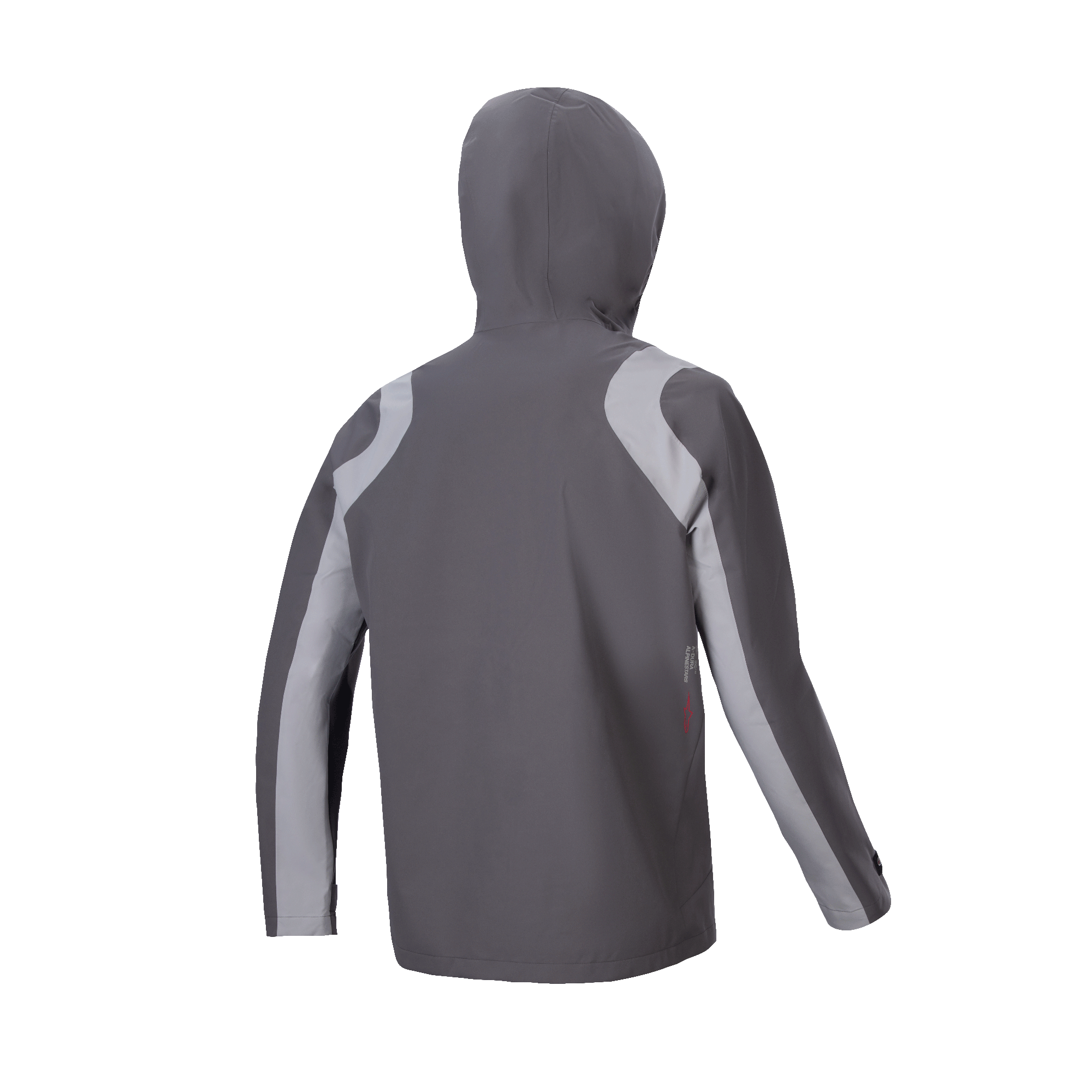Chaqueta impermeable Alpinestars A-Dura, chaqueta de lluvia para bicicleta de montaña, color titanio oscuro y gris, vista trasera con la capucha puesta, con paneles curvos en color gris claro en hombros y mangas, diseño técnico para ciclismo en climas húmedos.