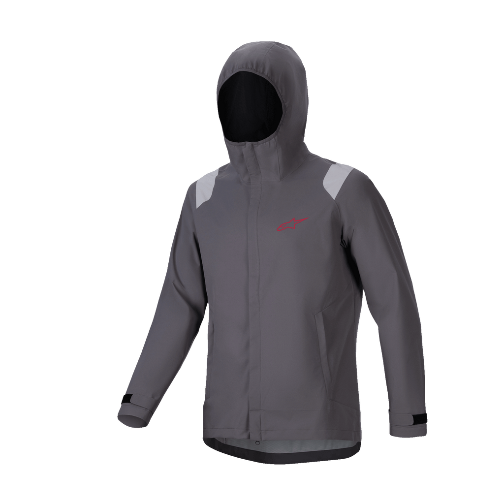 Alpinestars A-Dura Rain Jacket, chaqueta impermeable para ciclismo de montaña, gris titanio oscuro, diseño con capucha y logotipo de estrella roja, detalles en los hombros de color gris claro, puños ajustables con velcro, equipamiento técnico impermeable de alto rendimiento para MTB