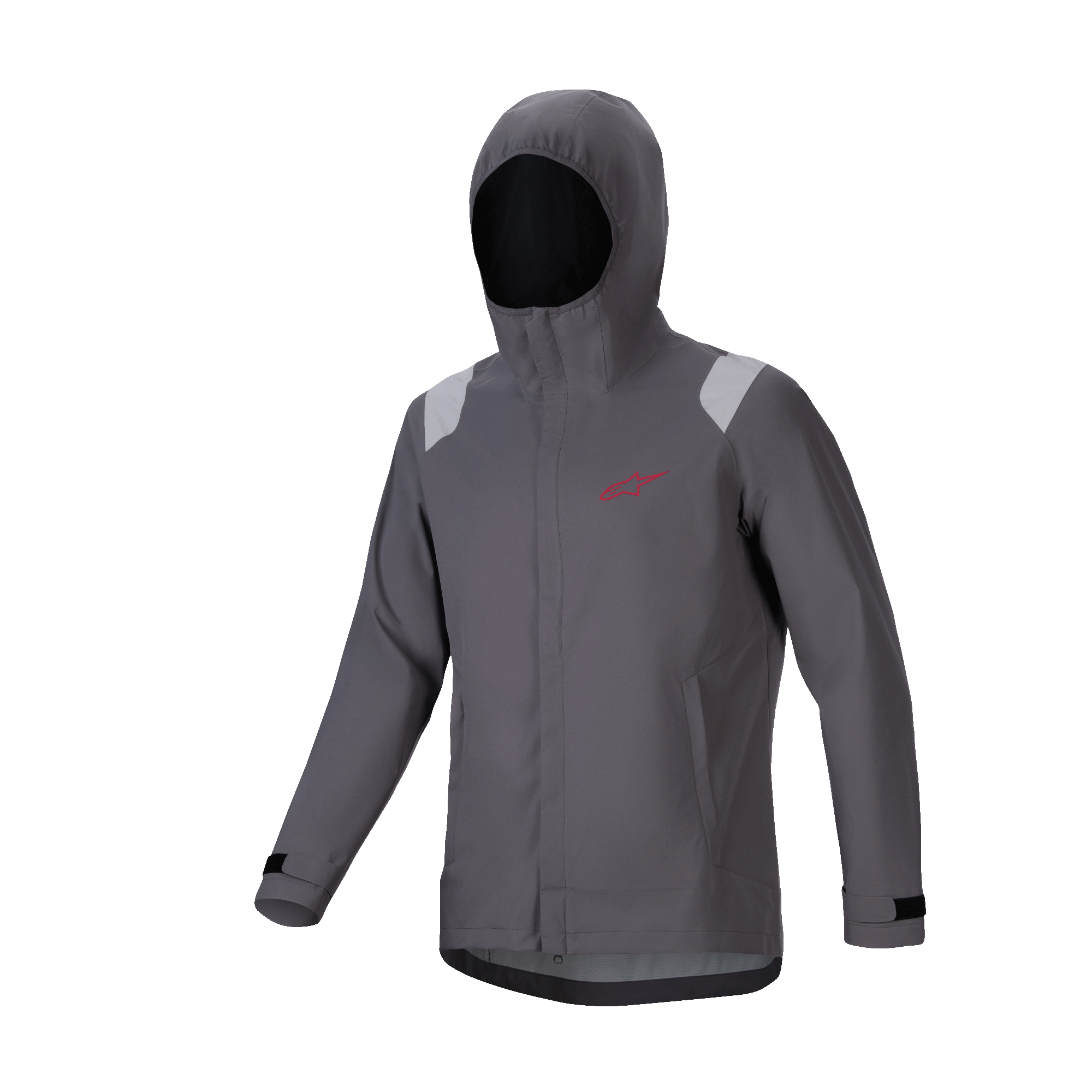 Alpinestars A-Dura Rain Jacket, chaqueta impermeable para ciclismo de montaña, gris titanio oscuro, diseño con capucha y logotipo de estrella roja, detalles en los hombros de color gris claro, puños ajustables con velcro, equipamiento técnico impermeable de alto rendimiento para MTB