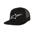 Alpinestars Corp Trucker Hat, gorra trucker de visera plana, color negro, logotipo de Alpinestars bordado en 3D blanco en el frente, paneles traseros de malla, corona estructurada, moda urbana casual de automovilismo