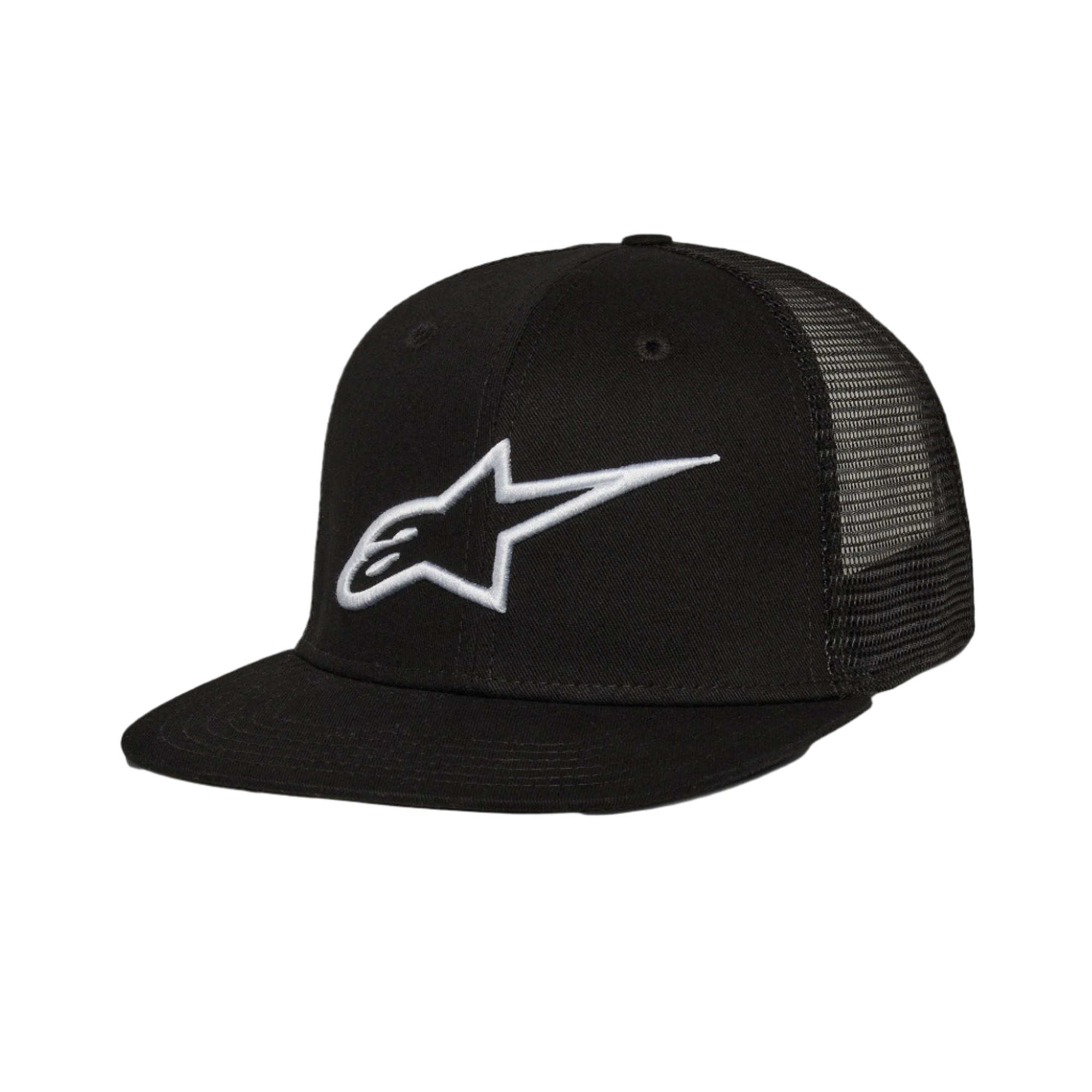 Alpinestars Corp Trucker Hat, gorra trucker de visera plana, color negro, logotipo de Alpinestars bordado en 3D blanco en el frente, paneles traseros de malla, corona estructurada, moda urbana casual de automovilismo