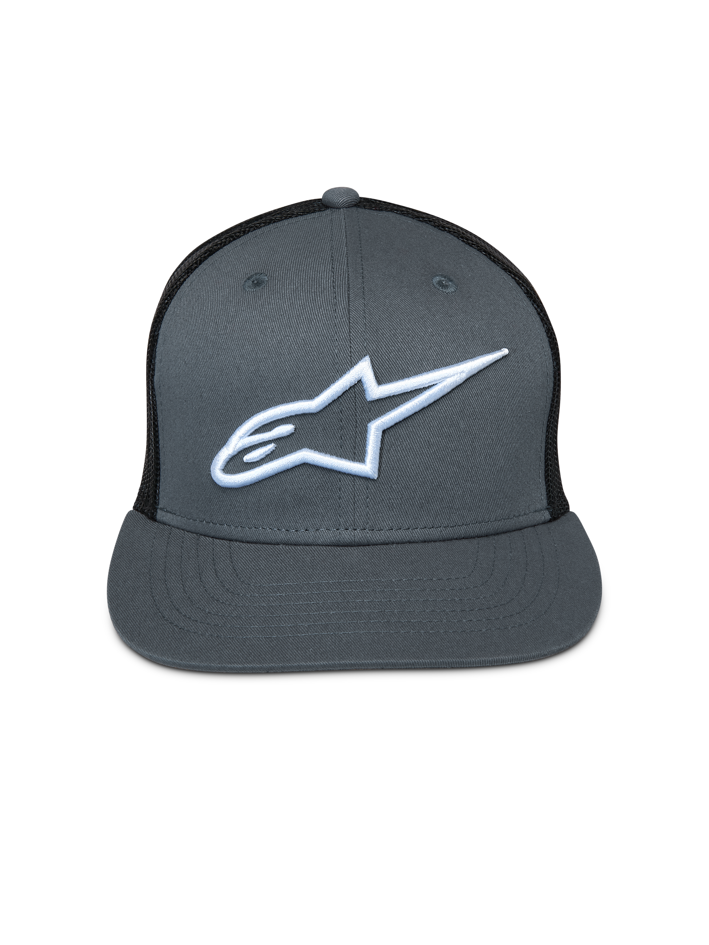 Alpinestars Corp Trucker Hat, gray front with black mesh back, flat bill, white embroidered Astar logo, casual motorsport headwear
