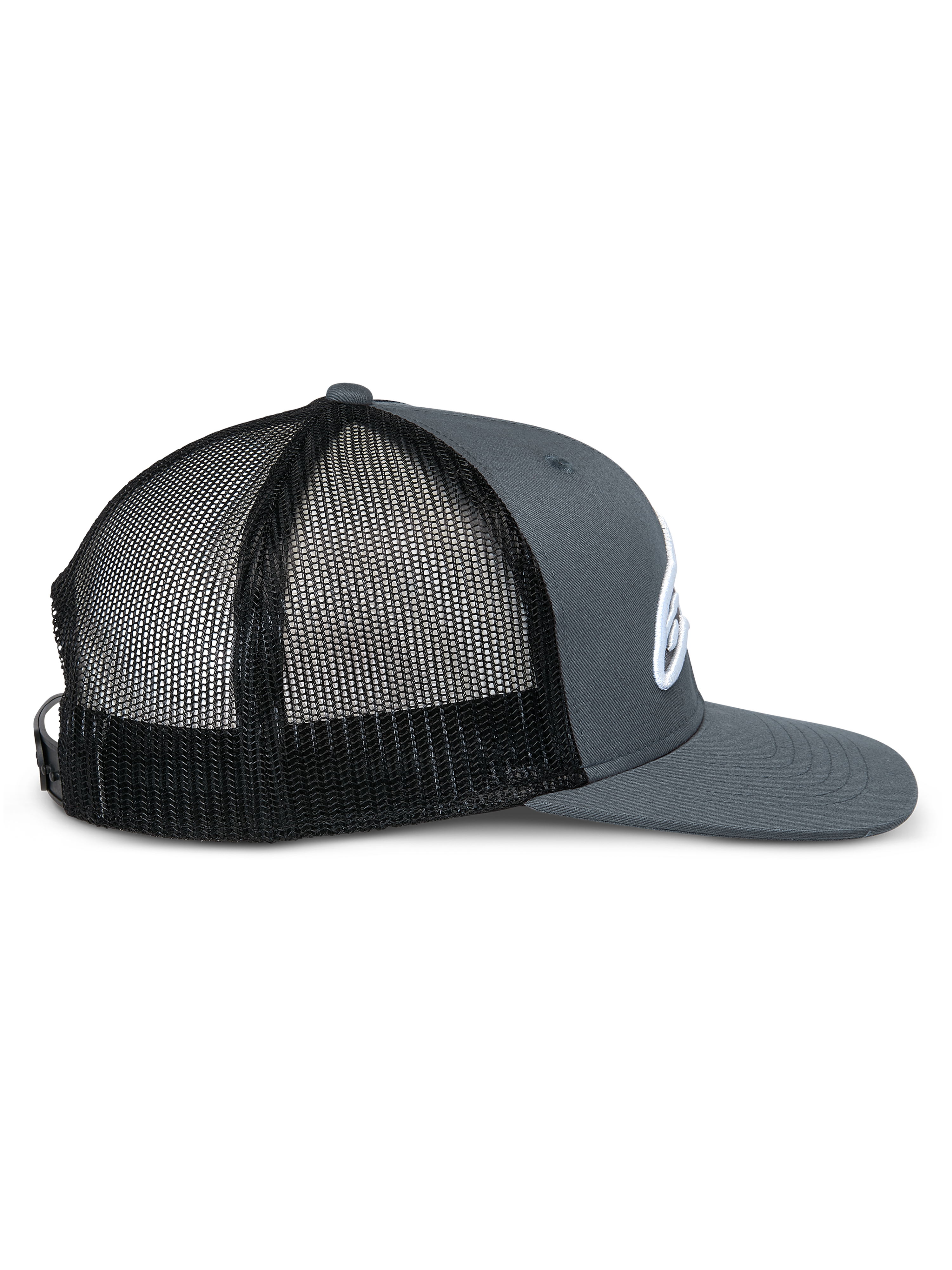 Alpinestars Corp Trucker Hat, side profile, gray twill front and bill with black mesh back panels, flat bill, structured crown, white embroidered logo, casual motorsport headwear