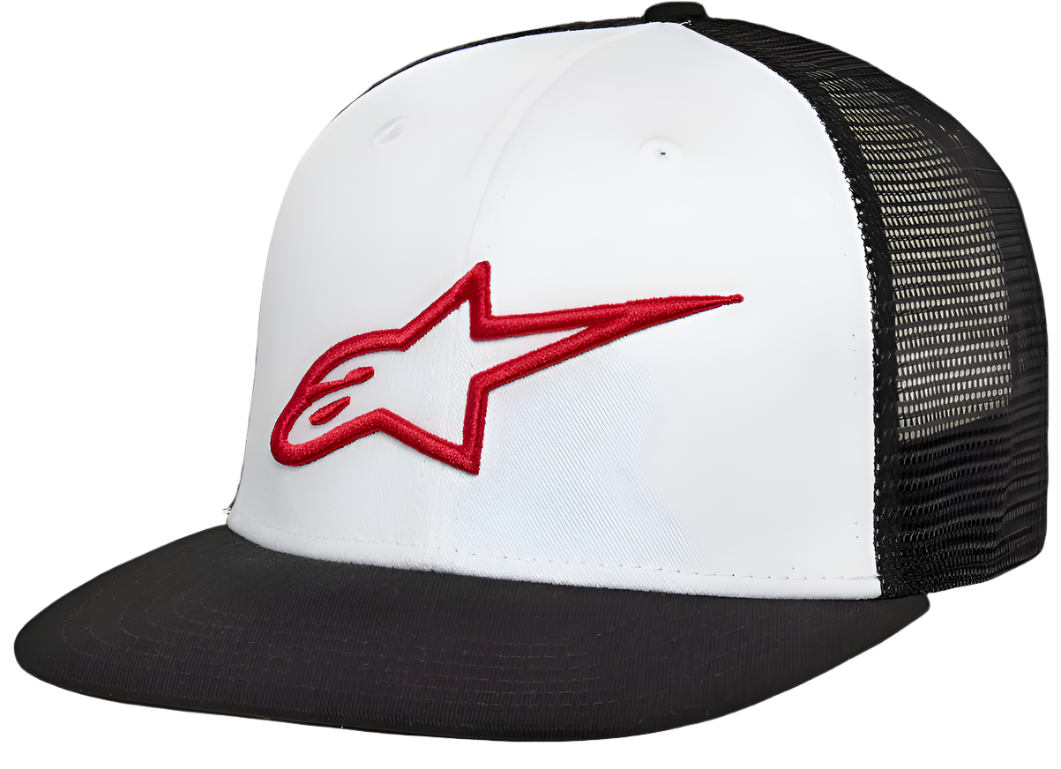 Gorra Alpinestars Corp Trucker, panel frontal blanco con visera plana negra y malla trasera negra, con logotipo de estrella Alpinestars bordado en 3D en color rojo, estilo casual de automovilismo y streetwear