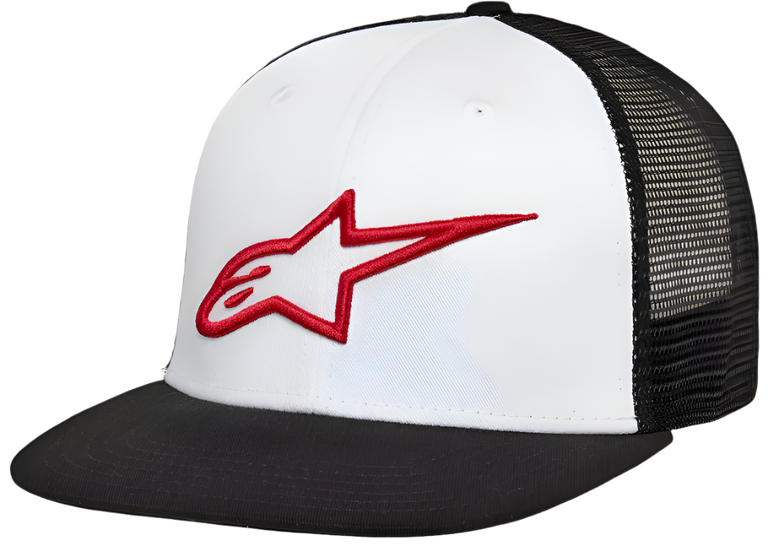 Gorra Alpinestars Corp Trucker, panel frontal blanco con visera plana negra y malla trasera negra, con logotipo de estrella Alpinestars bordado en 3D en color rojo, estilo casual de automovilismo y streetwear