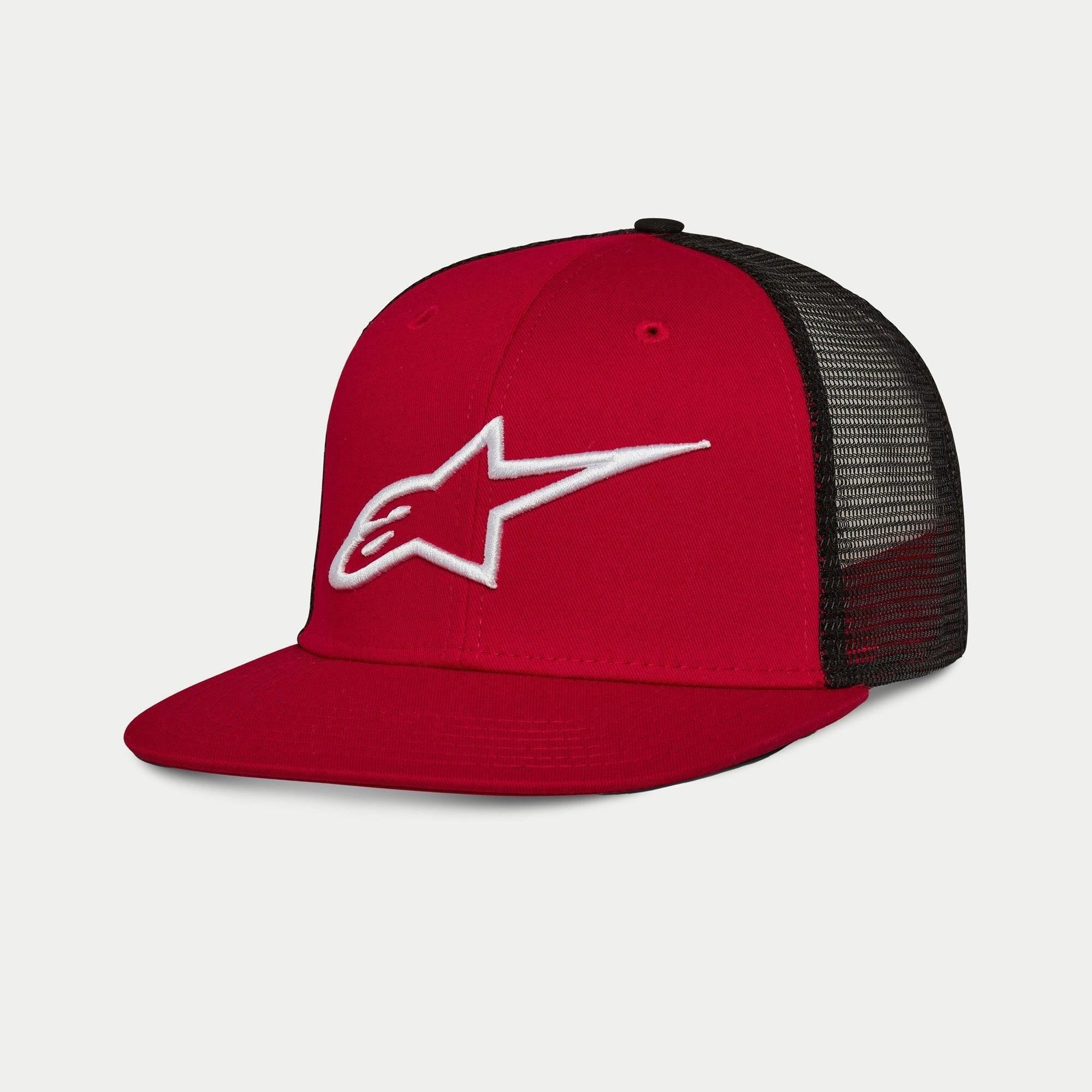 Alpinestars Corp Trucker Hat, Red and Black, flat bill trucker cap with red twill front and black mesh back, 3D embroidered white logo, casual streetwear design