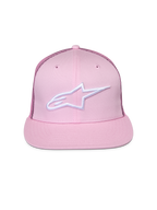 Alpinestars Corp Trucker Hat, Pink, featuring white embroidered logo on front, flat bill with structured crown, mesh back panels, casual motorsport headwear