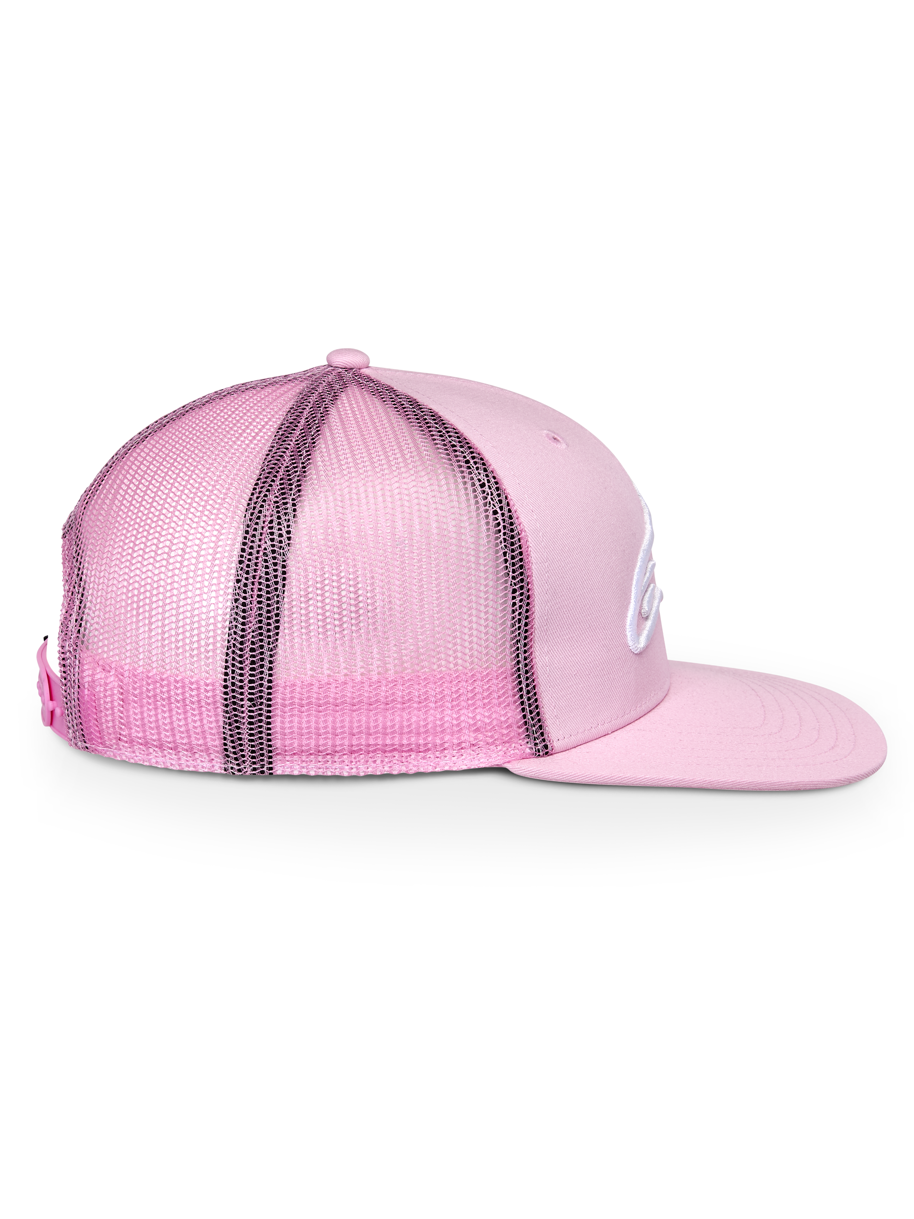 Alpinestars Corp Trucker Hat, Pink, side profile view, structured crown with flat bill, twill front and mesh back, adjustable snapback closure, casual sportswear headwear