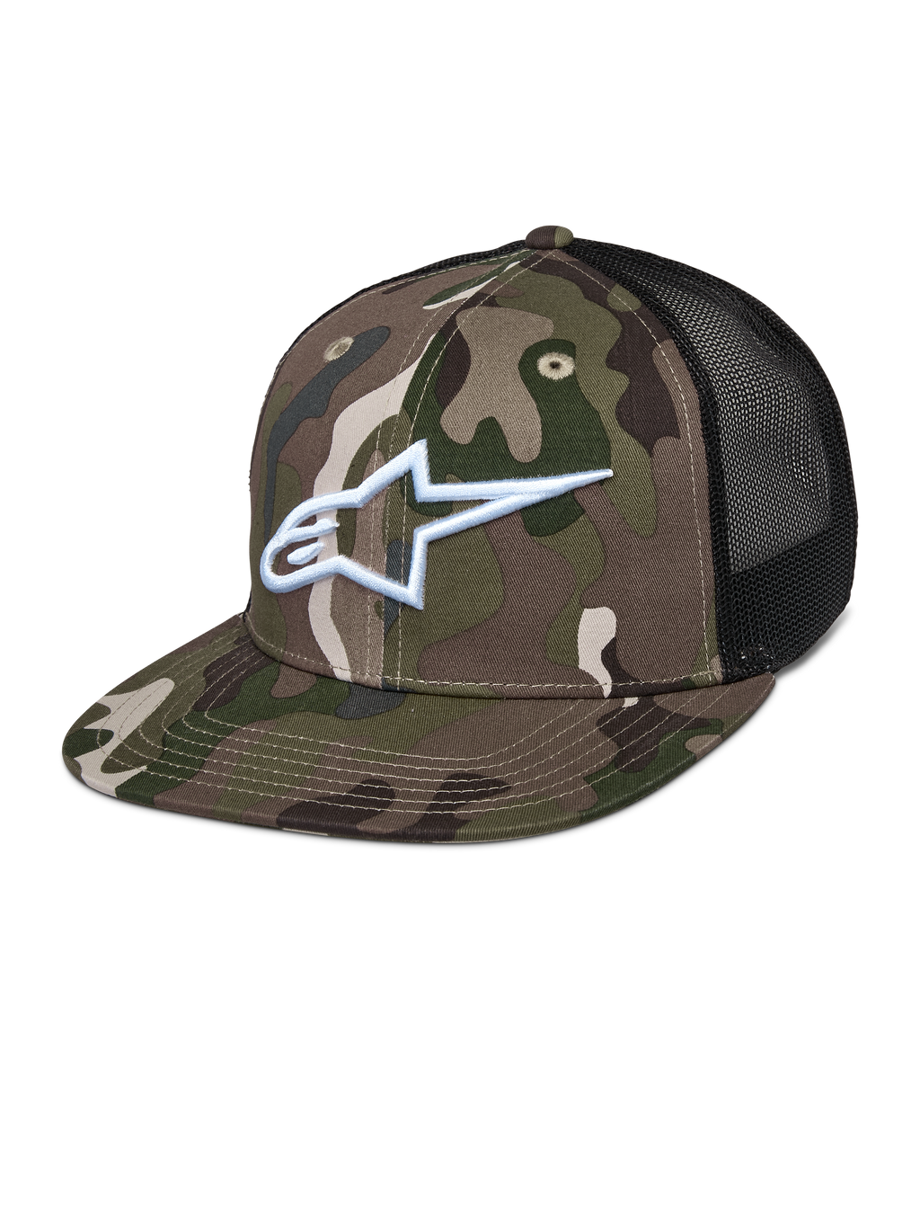 Gorra Alpinestars Corp Trucker, camuflaje verde y negro, patrón de camuflaje con logotipo A-star bordado en blanco, paneles traseros de malla negra, visera plana, gorra casual de estilo de vida
