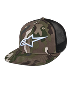 Gorra Alpinestars Corp Trucker, camuflaje verde y negro, patrón de camuflaje con logotipo A-star bordado en blanco, paneles traseros de malla negra, visera plana, gorra casual de estilo de vida