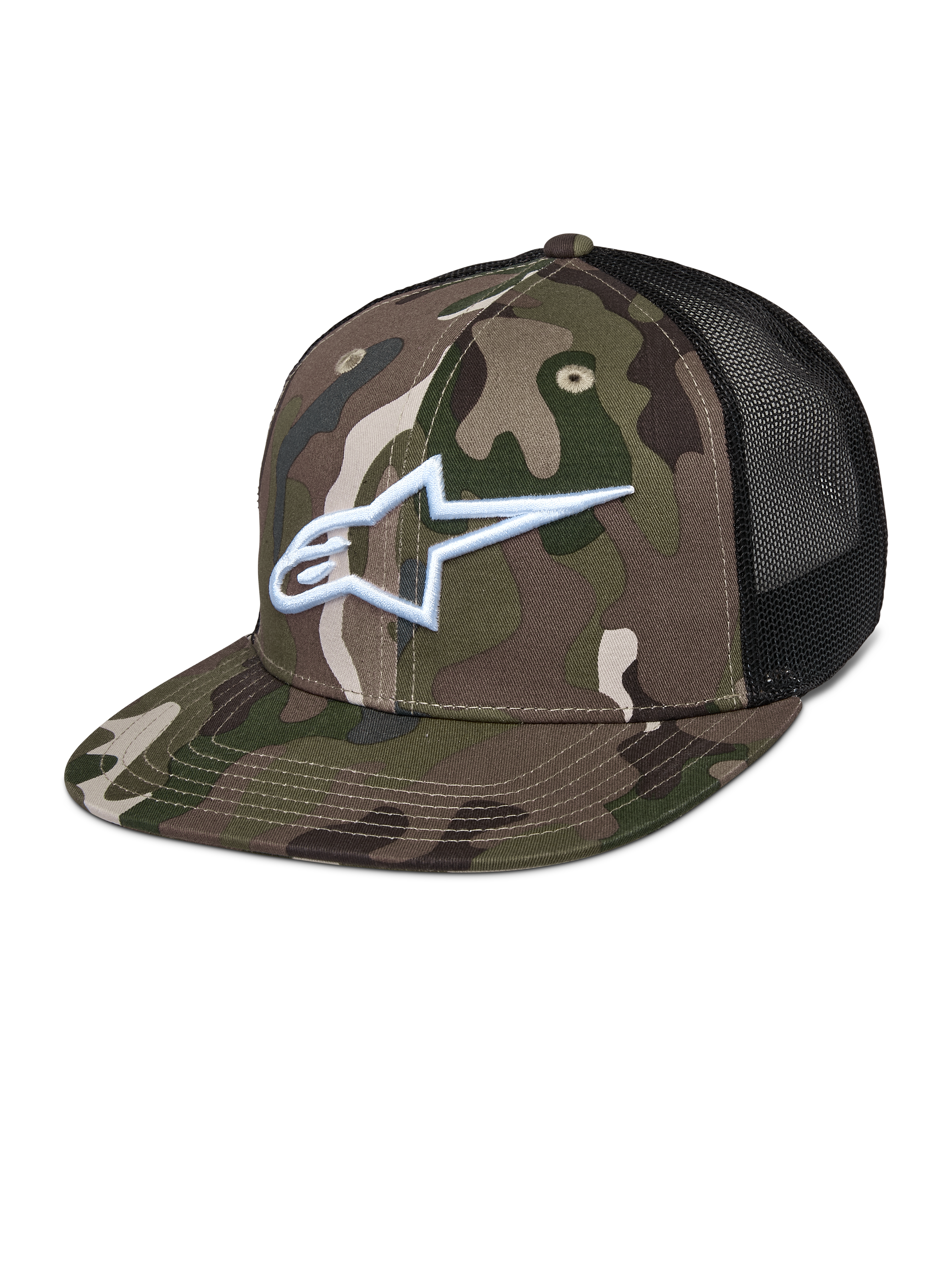 Gorra Alpinestars Corp Trucker, camuflaje verde y negro, patrón de camuflaje con logotipo A-star bordado en blanco, paneles traseros de malla negra, visera plana, gorra casual de estilo de vida