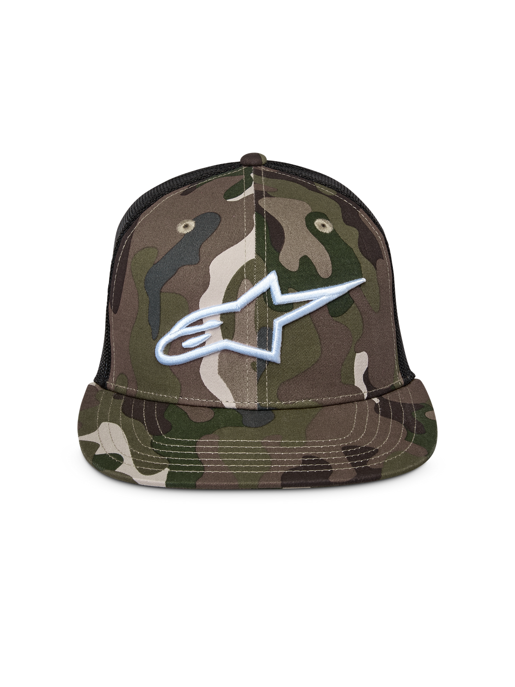 Gorra Alpinestars Corp Trucker, camuflaje verde y negro, gorra de visera plana con parte trasera de malla, con el logo de Alpinestars bordado en blanco en la parte frontal, estilo casual motorsport streetwear