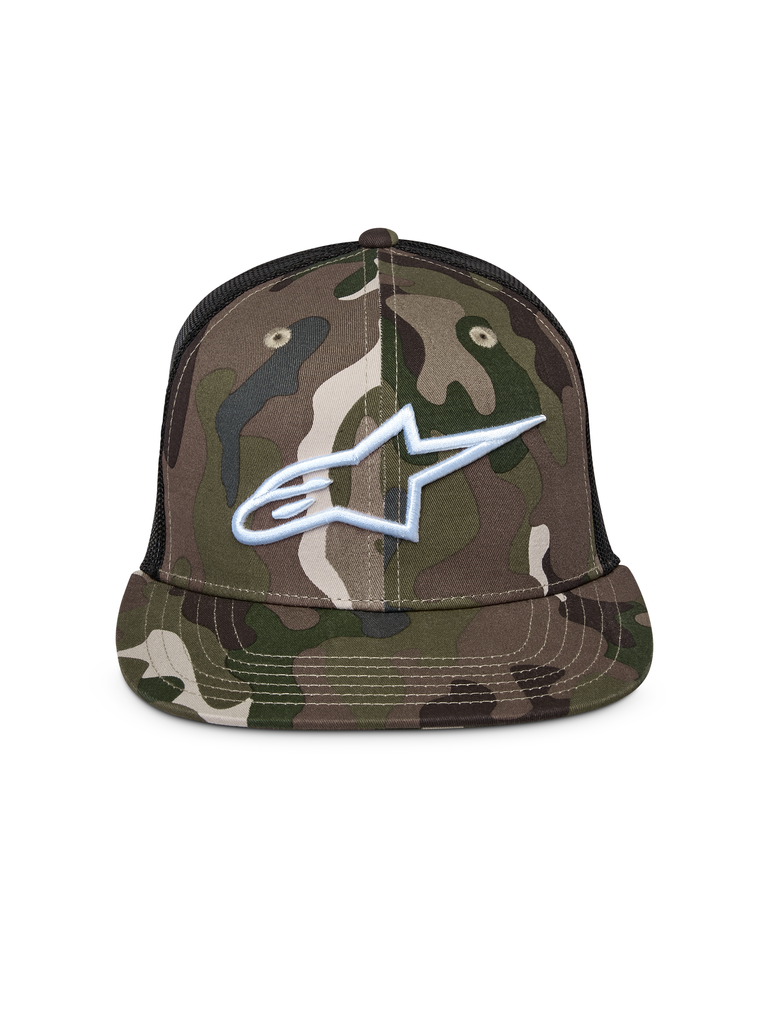 Gorra Alpinestars Corp Trucker, camuflaje verde y negro, gorra de visera plana con parte trasera de malla, con el logo de Alpinestars bordado en blanco en la parte frontal, estilo casual motorsport streetwear