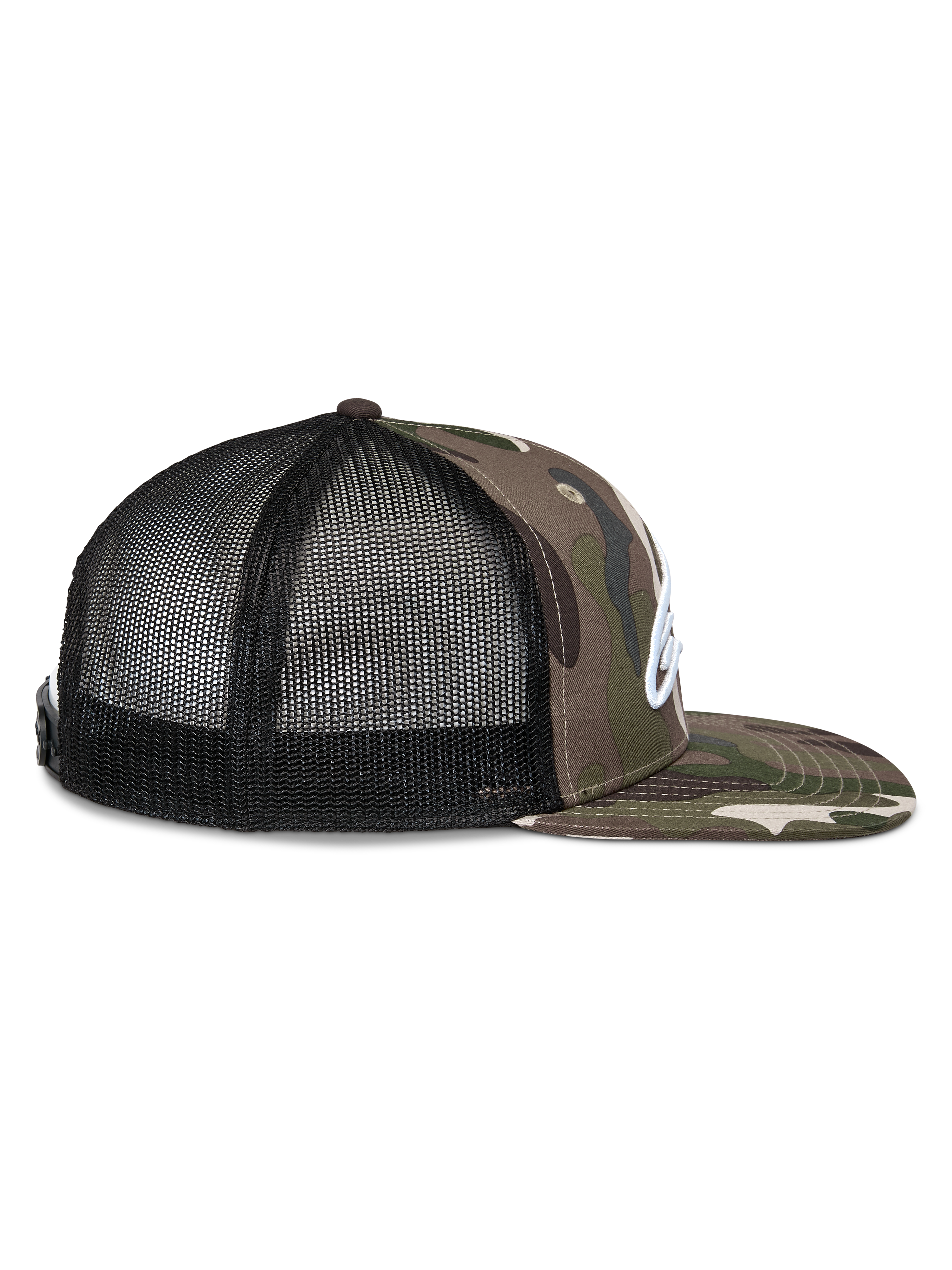 Gorra Alpinestars Corp Trucker, vista lateral, camuflaje verde y negro, visera plana con estampado de camuflaje, paneles traseros de malla negra, logo blanco bordado, gorra casual de estilo motorsport