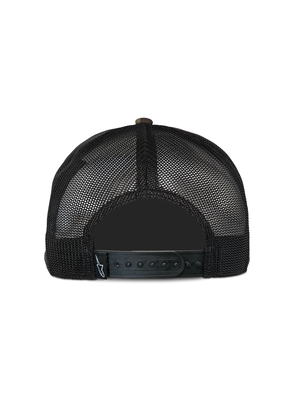 Gorra Alpinestars Corp Trucker, gorra casual tipo trucker, camuflaje verde y negro, vista trasera con paneles de malla negra y cierre ajustable a presión, pequeña etiqueta con logo tejido, diseño clásico inspirado en el automovilismo