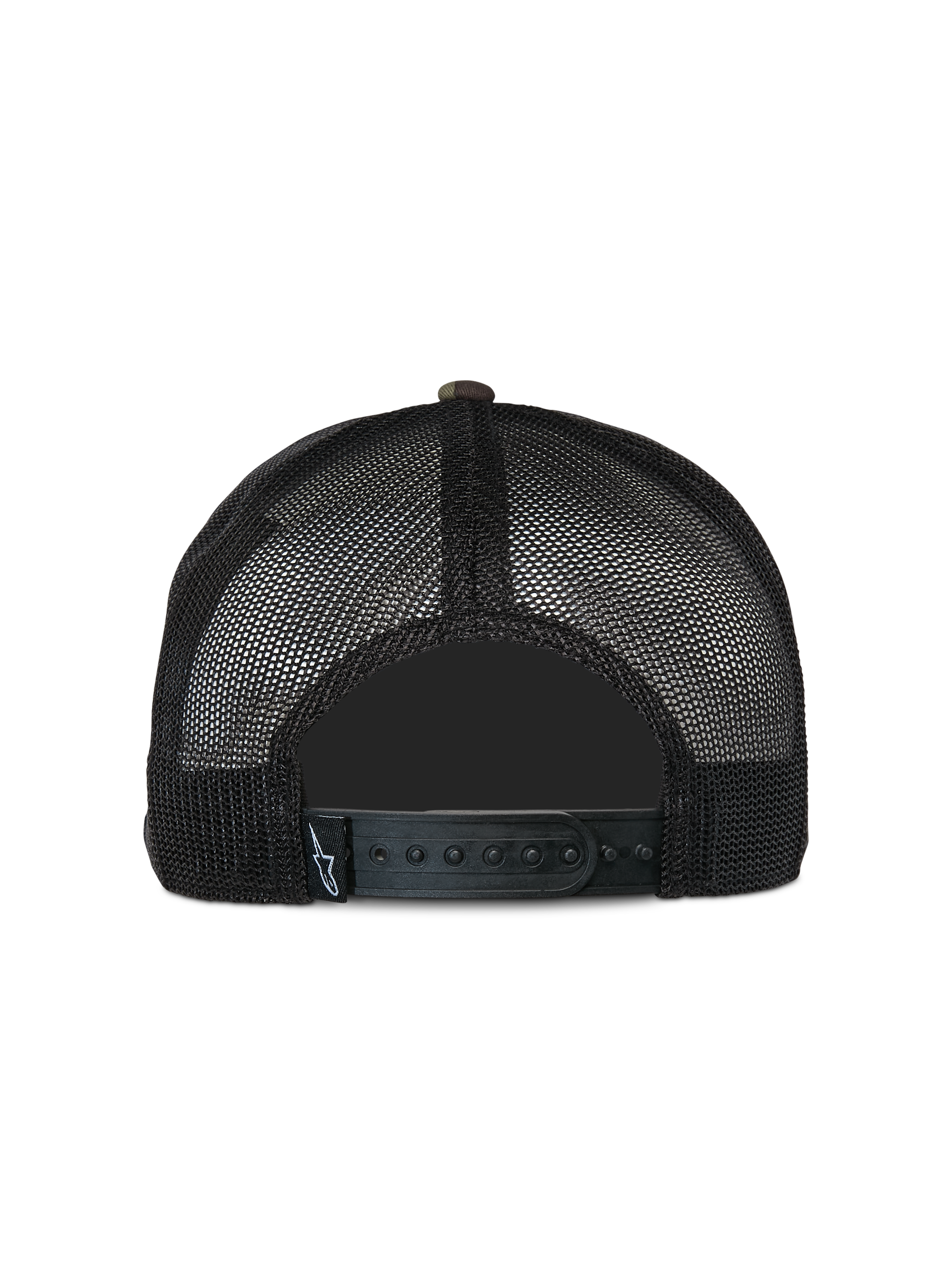 Gorra Alpinestars Corp Trucker, gorra casual tipo trucker, camuflaje verde y negro, vista trasera con paneles de malla negra y cierre ajustable a presión, pequeña etiqueta con logo tejido, diseño clásico inspirado en el automovilismo