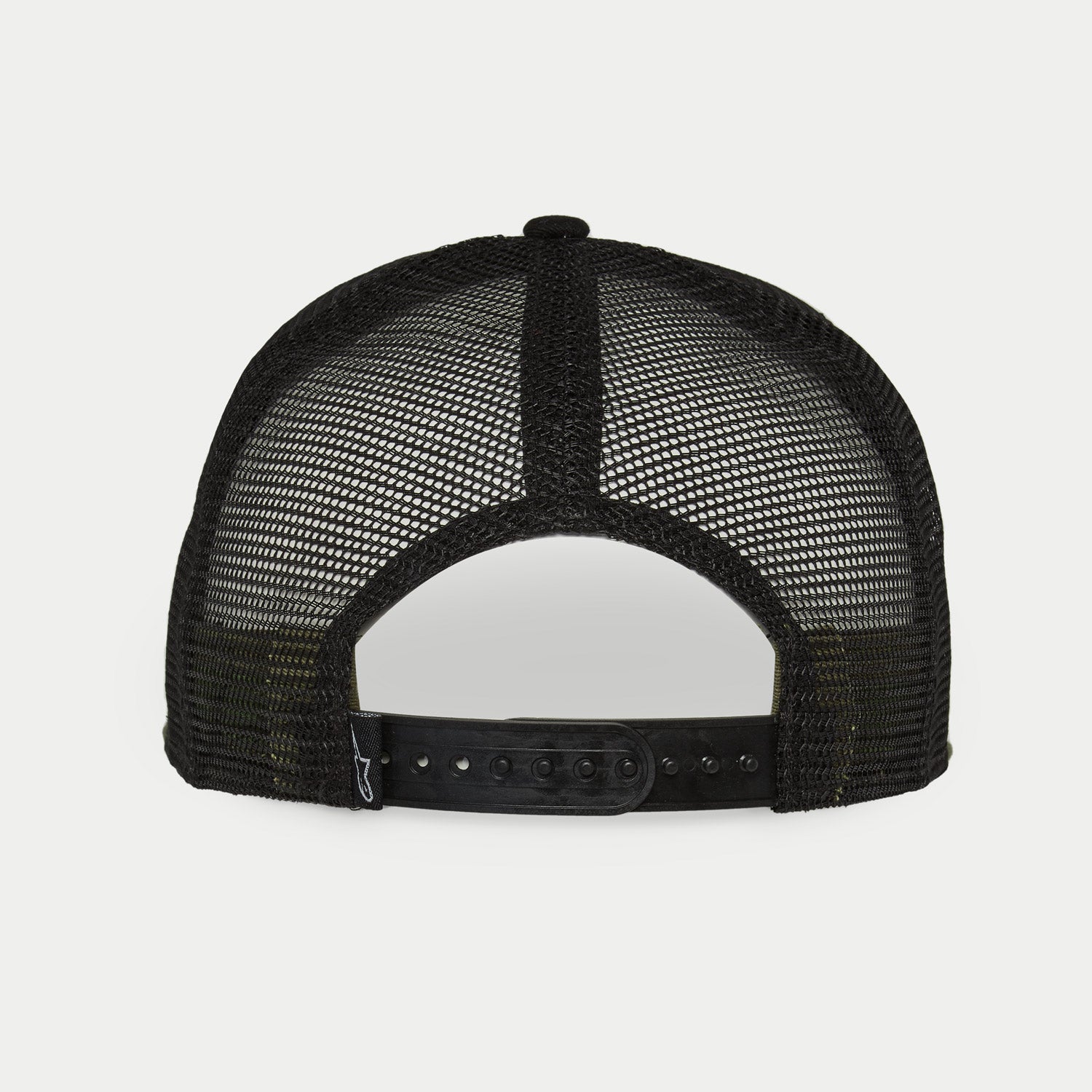 Alpinestars Corp Trucker Hat, Military Black, rear view showing black mesh back panels and adjustable snapback closure, small woven logo label, casual motorsport-inspired headwear