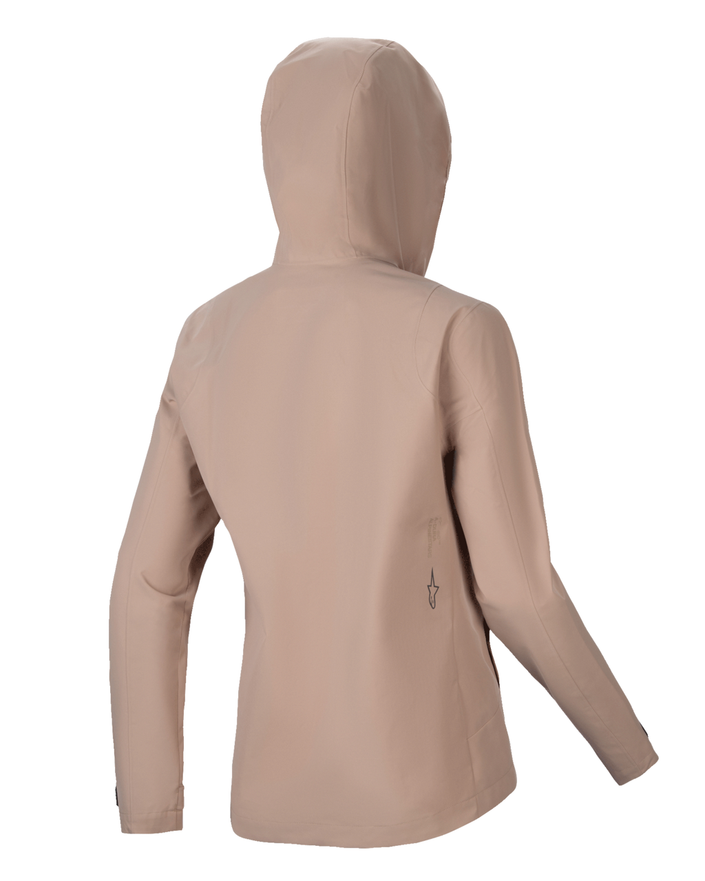 Chaqueta impermeable Alpinestars Stella A-Dura, chaqueta de lluvia de ciclismo para mujer, marrón claro, vista trasera que muestra la capucha y una silueta estilizada, sutil detalle del logo en negro en la parte inferior de la espalda, construcción técnica impermeable de 2,5 capas para MTB