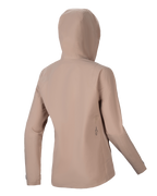 Chaqueta impermeable Alpinestars Stella A-Dura, chaqueta de lluvia de ciclismo para mujer, marrón claro, vista trasera que muestra la capucha y una silueta estilizada, sutil detalle del logo en negro en la parte inferior de la espalda, construcción técnica impermeable de 2,5 capas para MTB