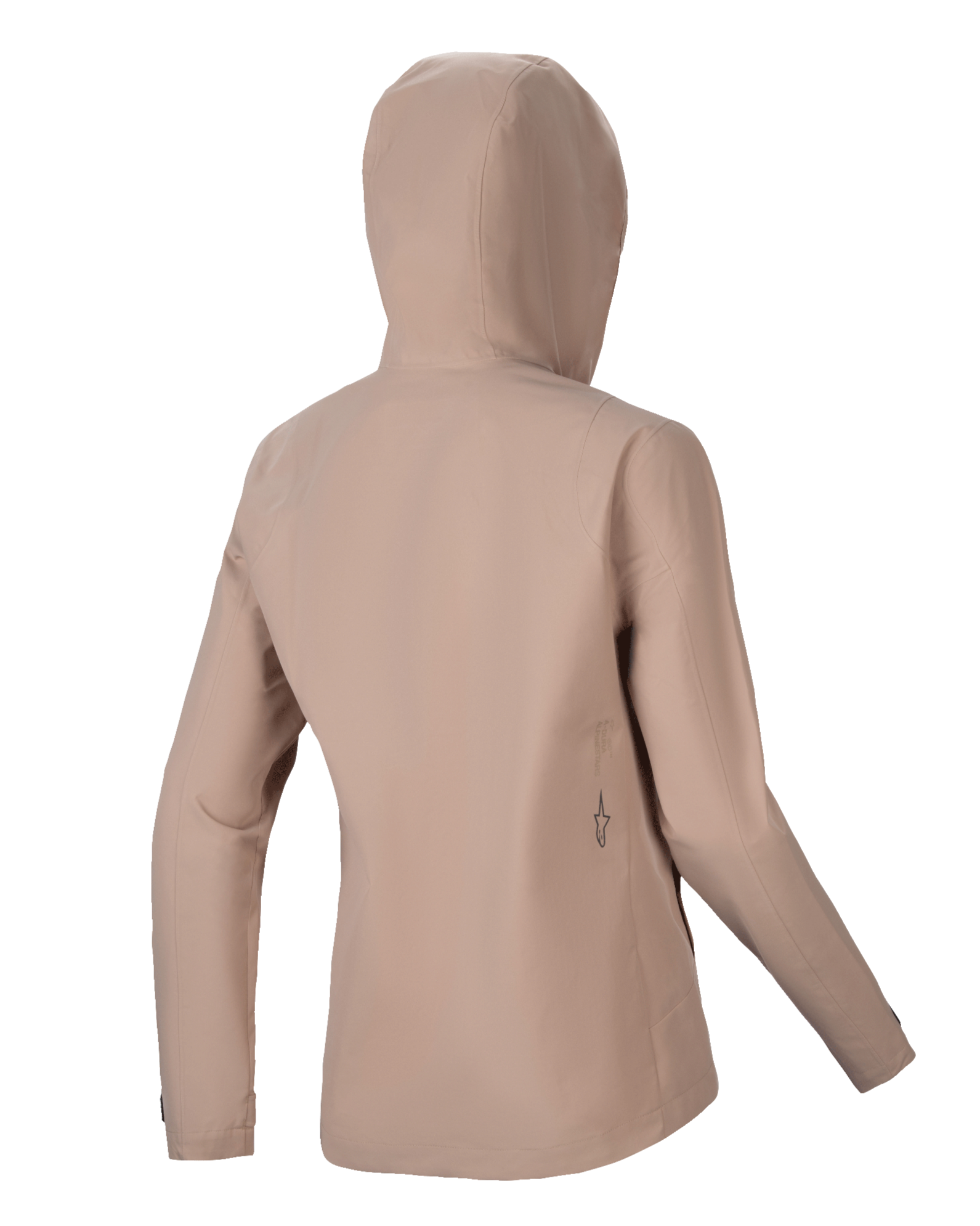 Chaqueta impermeable Alpinestars Stella A-Dura, chaqueta de lluvia de ciclismo para mujer, marrón claro, vista trasera que muestra la capucha y una silueta estilizada, sutil detalle del logo en negro en la parte inferior de la espalda, construcción técnica impermeable de 2,5 capas para MTB