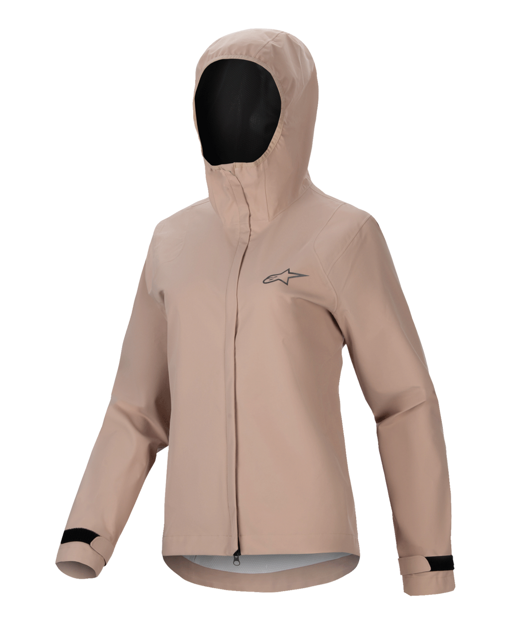 Alpinestars Stella A-Dura Rain Jacket, chaqueta impermeable de ciclismo para mujer, marrón claro, diseño con capucha, cremallera frontal y solapa protectora, puños ajustables con velcro negro, pequeño logo en el pecho, material de alto rendimiento impermeable y transpirable para MTB