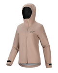 Alpinestars Stella A-Dura Rain Jacket, chaqueta impermeable de ciclismo para mujer, marrón claro, diseño con capucha, cremallera frontal y solapa protectora, puños ajustables con velcro negro, pequeño logo en el pecho, material de alto rendimiento impermeable y transpirable para MTB