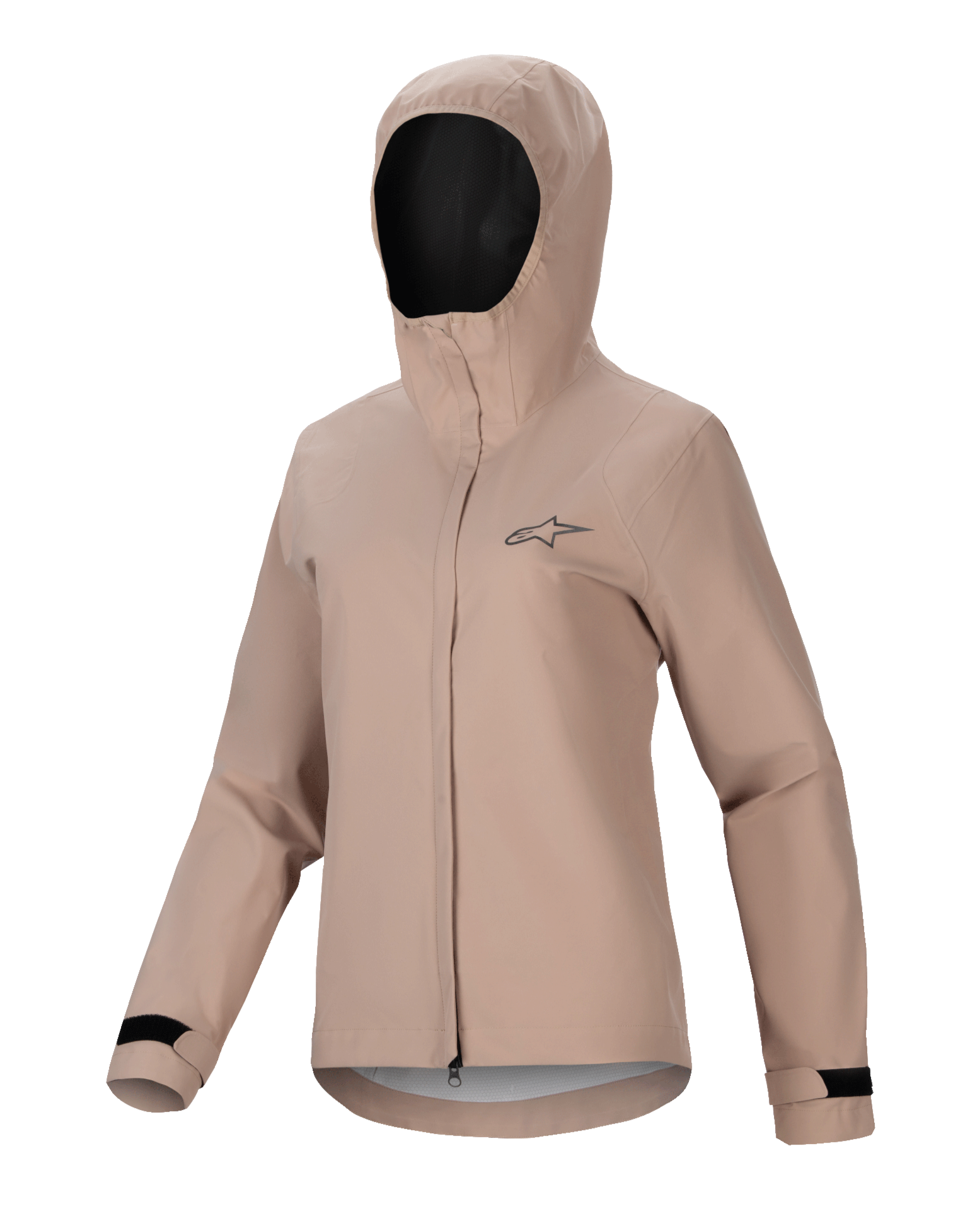 Alpinestars Stella A-Dura Rain Jacket, chaqueta impermeable de ciclismo para mujer, marrón claro, diseño con capucha, cremallera frontal y solapa protectora, puños ajustables con velcro negro, pequeño logo en el pecho, material de alto rendimiento impermeable y transpirable para MTB