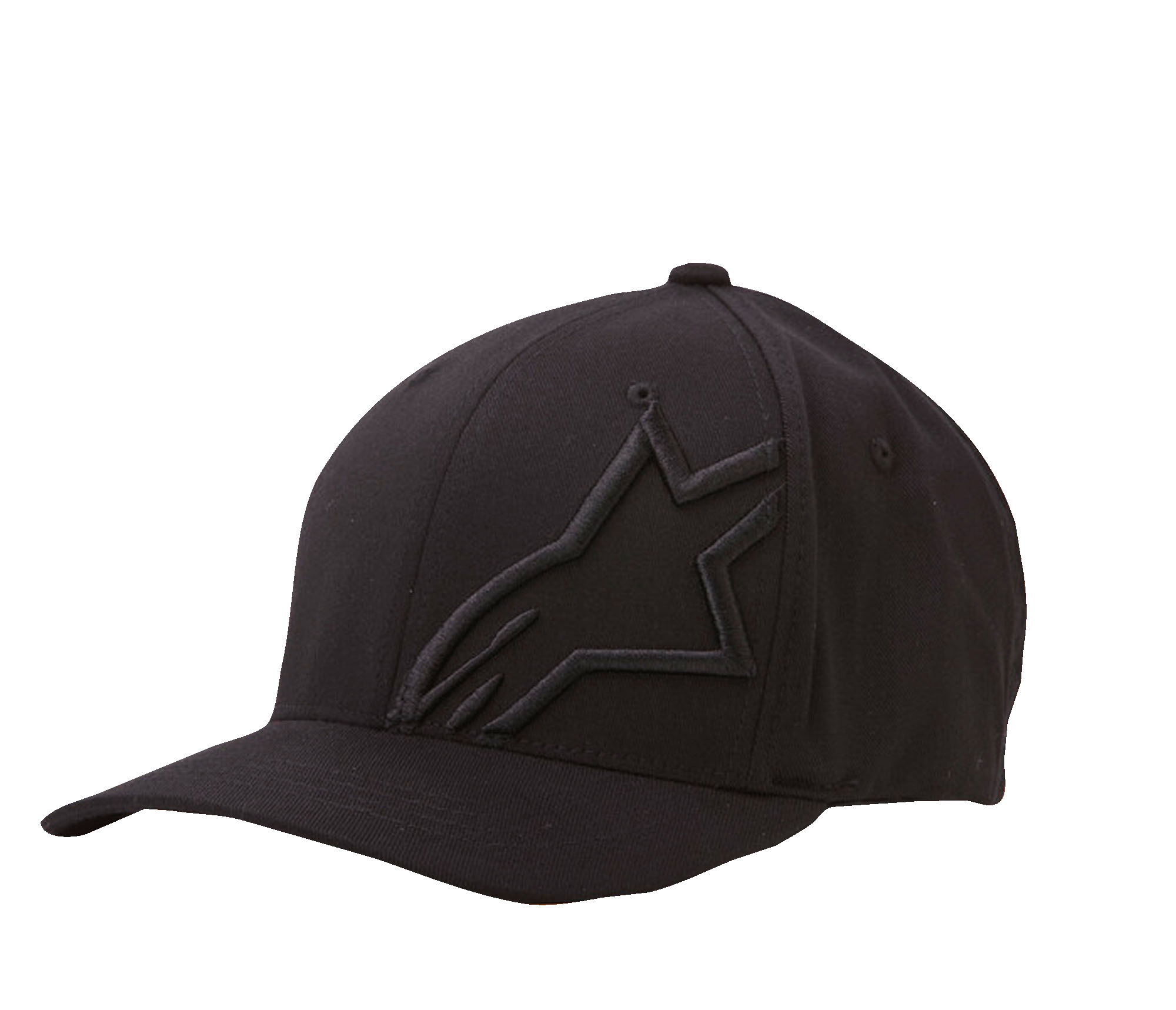 Alpinestars Corp Shift 2 Curved Bill Hat, gorra de béisbol negra, bordado plano tonal en el panel frontal izquierdo, visera curva, construcción de seis paneles con orificios de ventilación, estilo casual inspirado en el automovilismo