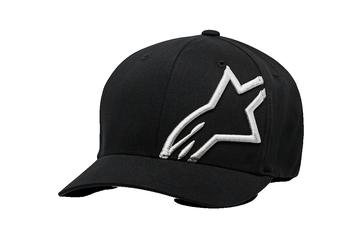 Alpinestars Corp Shift 2 Curved Bill Hat, gorra de béisbol negra, logotipo grande blanco bordado en la parte frontal izquierda, visera curva, gorra deportiva Flexfit